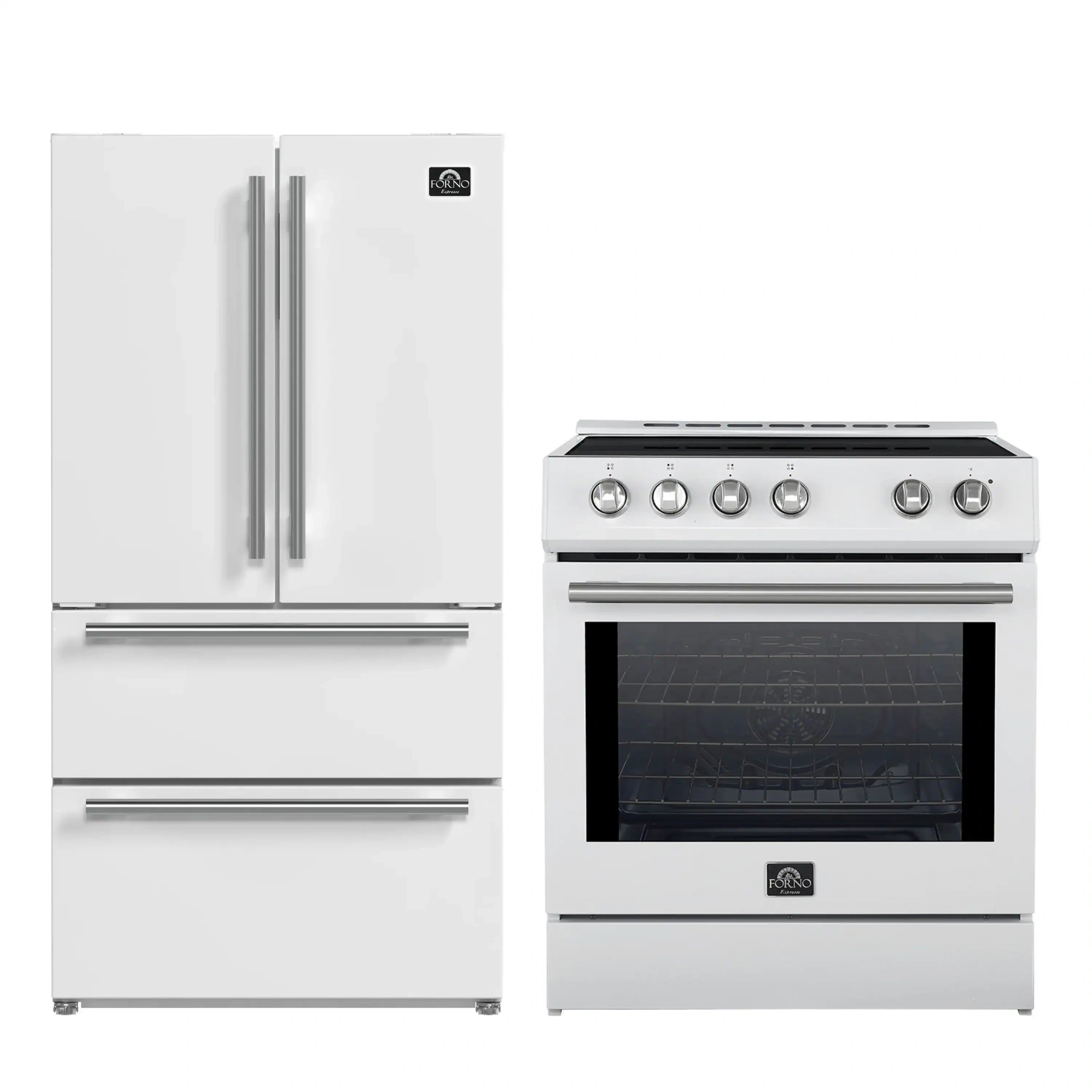 White refrigerator with stainless handles and slide-in induction range with knobs