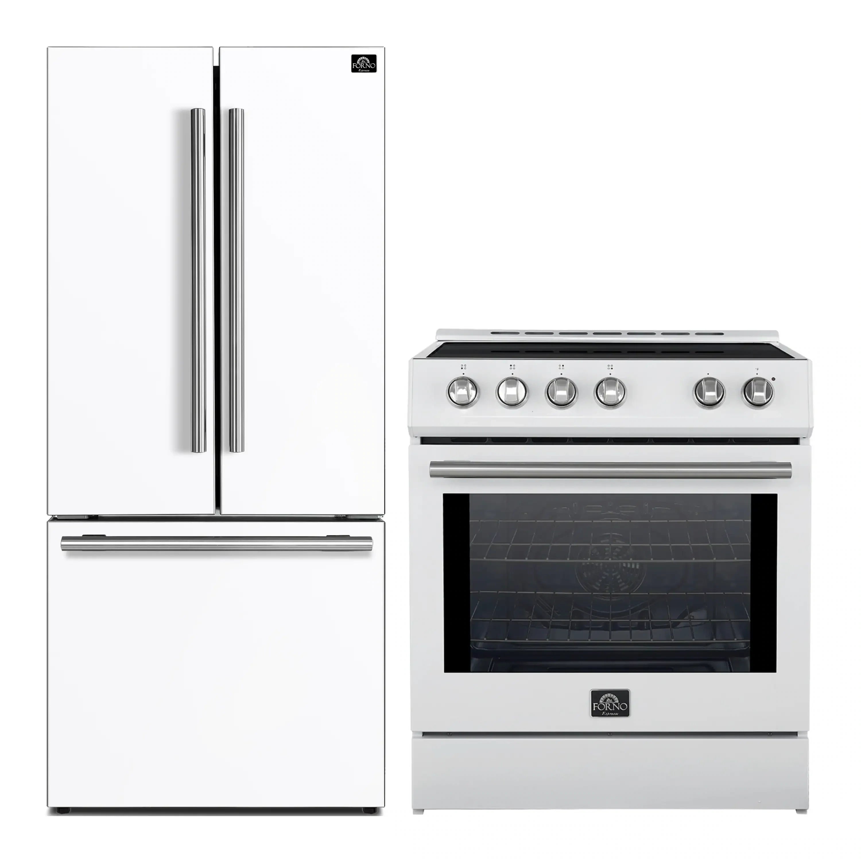 White French door refrigerator and slide-in induction range with stainless handles