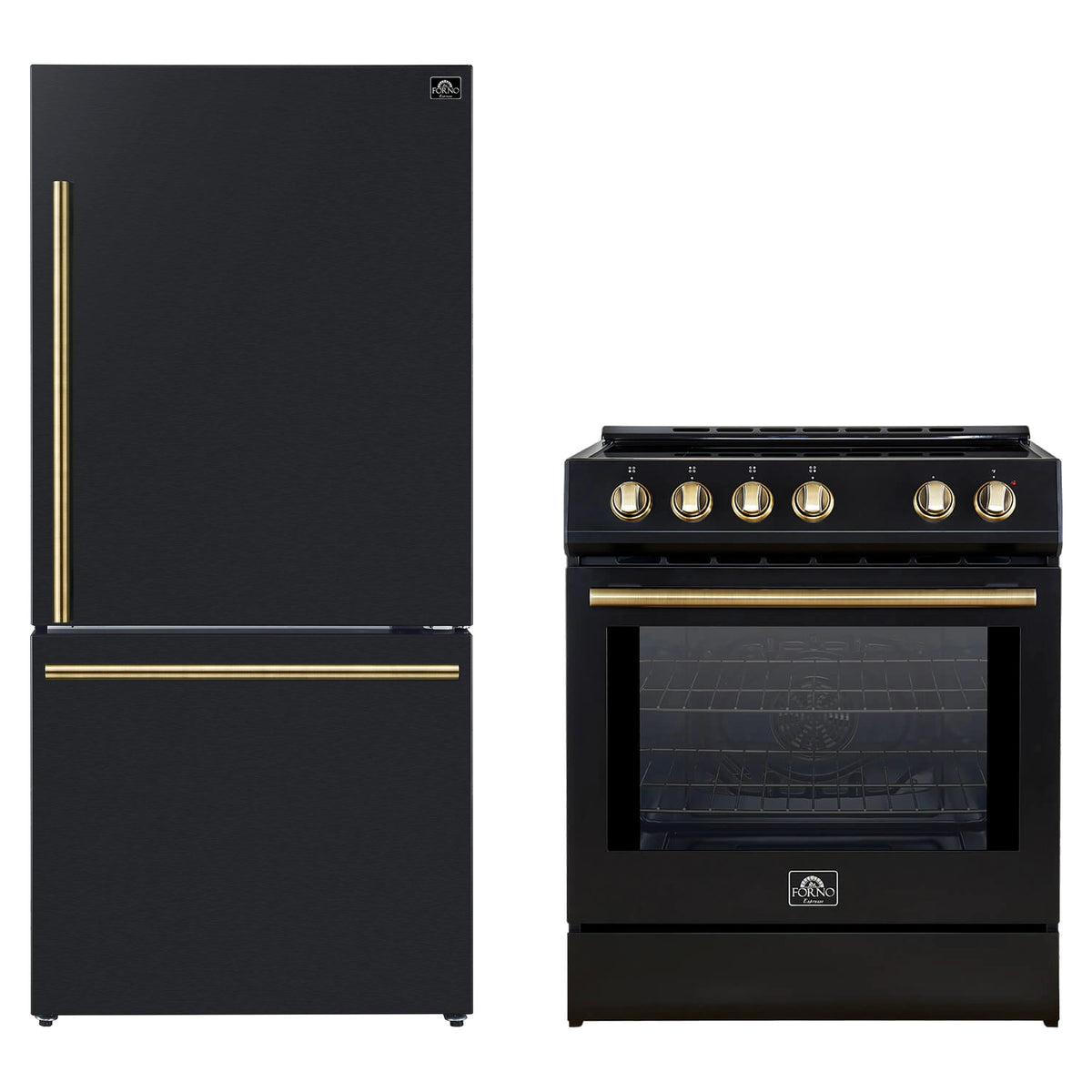 Forno 2-Piece Appliance Package - 30-Inch Slide-In Induction Range and 31-Inch Refrigerator, Right Hinge in Black with Antique Brass Trim (FBDL-014-11CAUS)