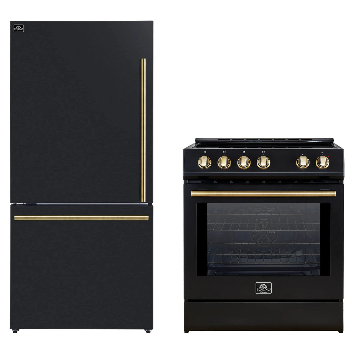 Forno 2-Piece Appliance Package - 30-Inch Slide-In Induction Range and 31-Inch Bottom Freezer Door Refrigerator in Black with Antique Brass Trim (FBDL-014-12CAUS)