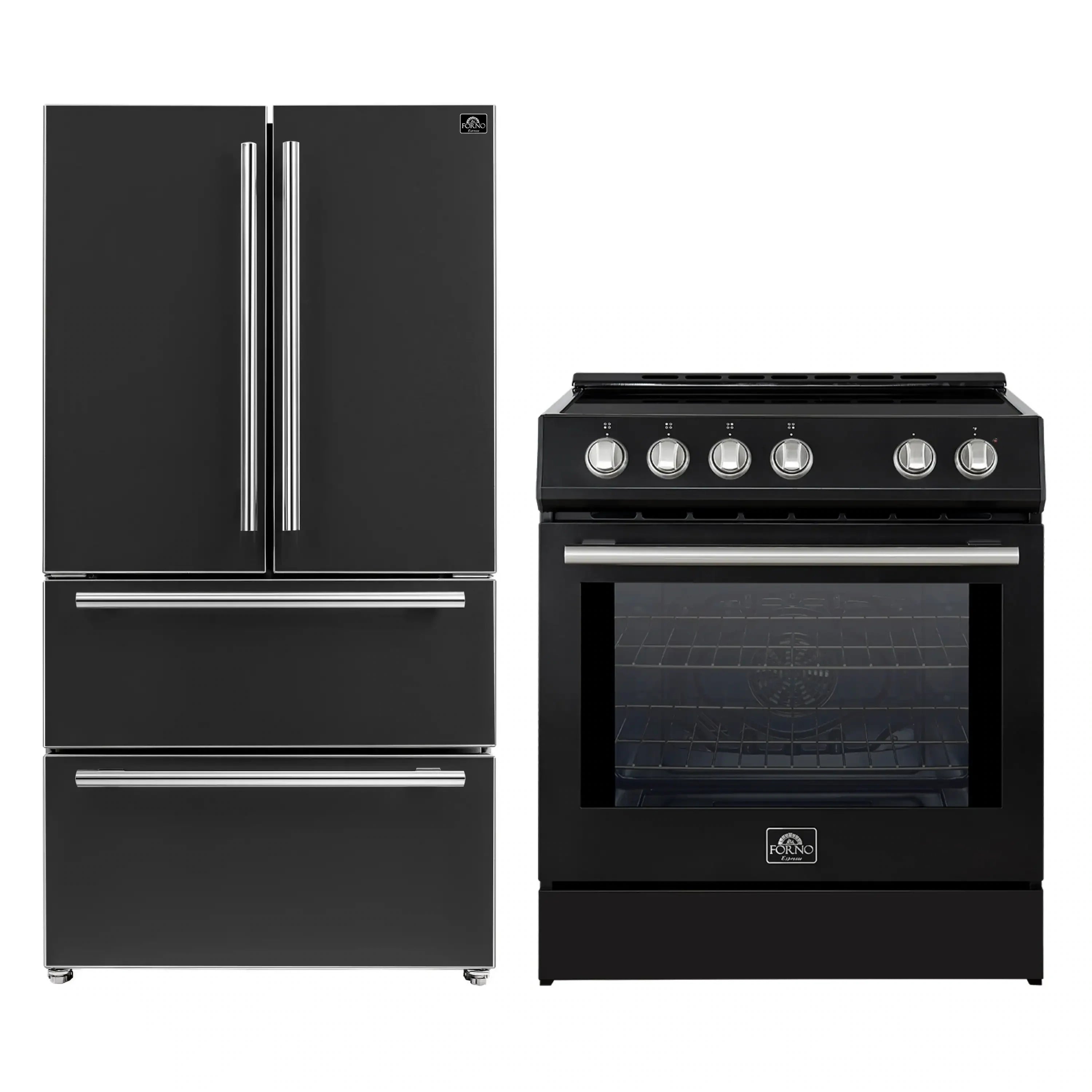 Black French door refrigerator with stainless handles and black induction range