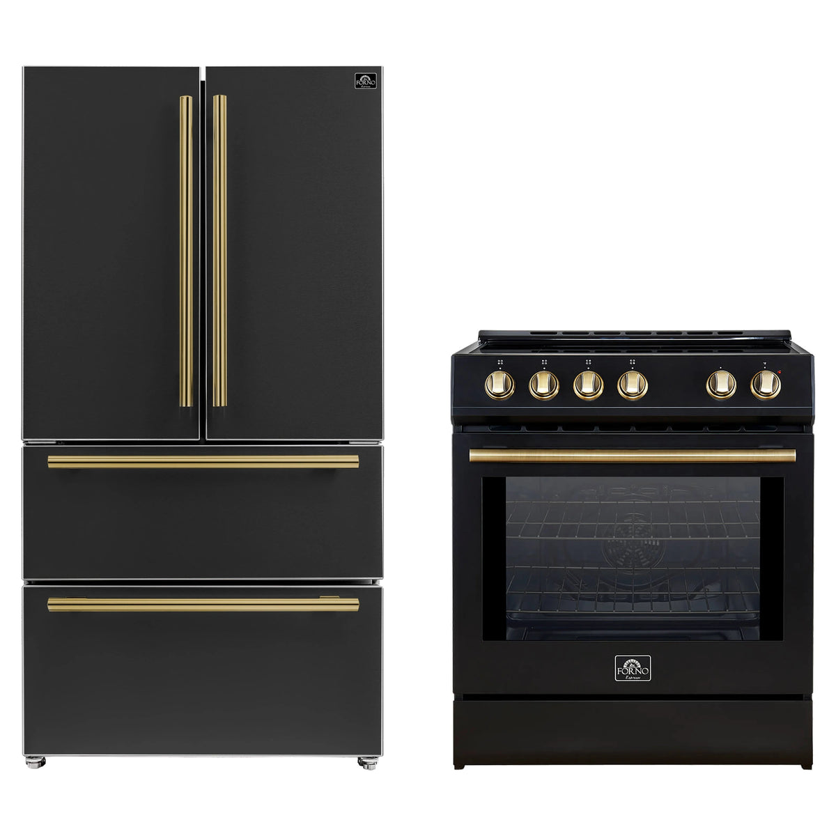 Forno 2-Piece Appliance Package - 30-Inch Slide-In Induction Range and 36-Inch French Door Refrigerator in Black with Antique Brass Trim (FBDL-014-13CAUS)