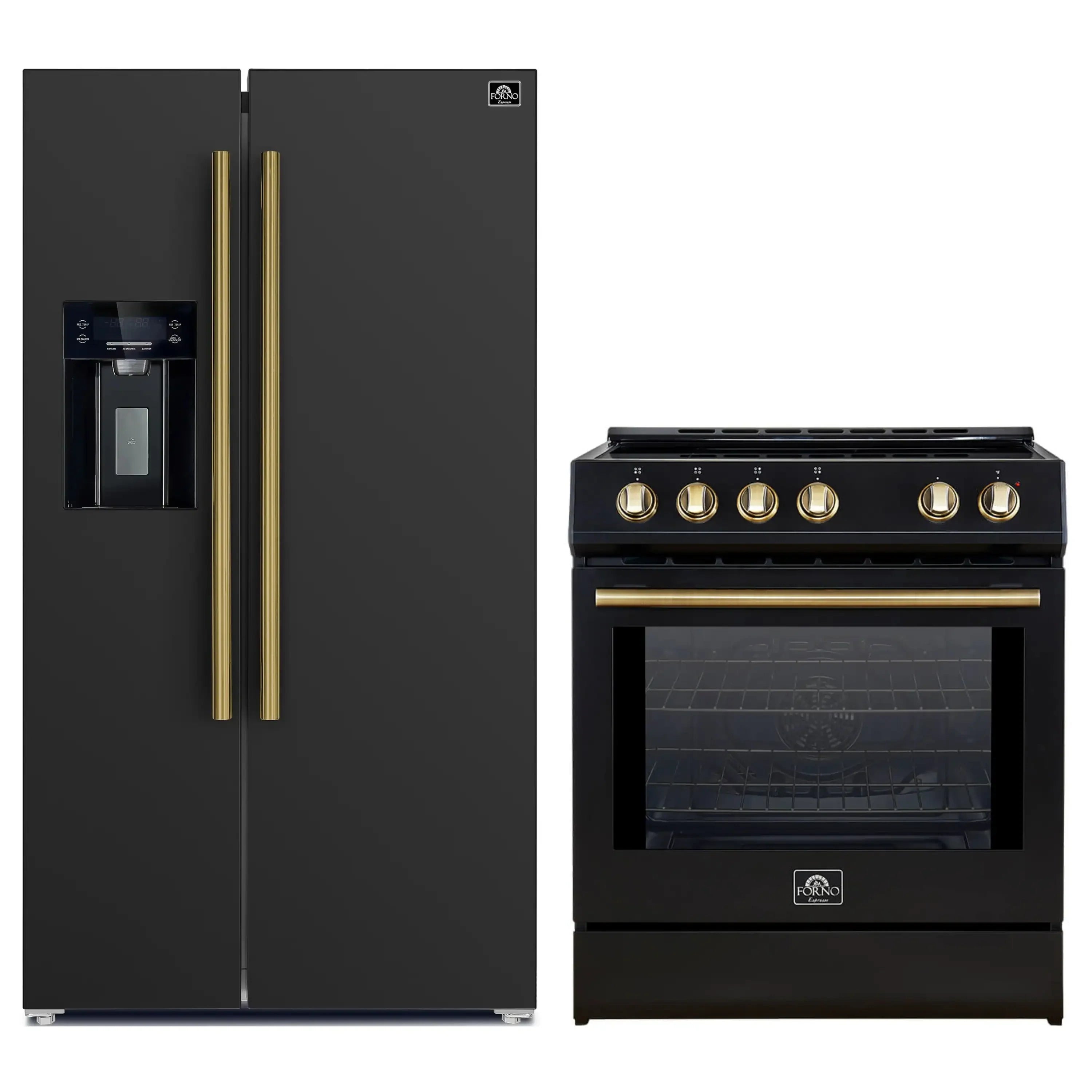 Black side-by-side refrigerator and slide-in induction range with brass handles and knobs