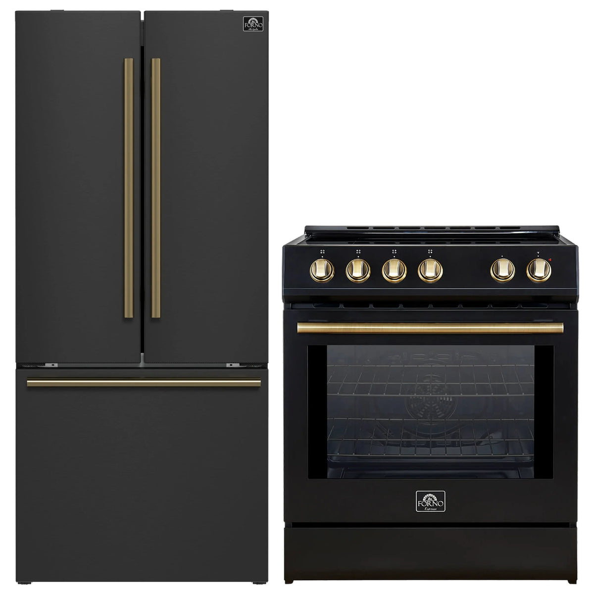 Forno 2-Piece Appliance Package - 30-Inch Slide-In Induction Range and 30-Inch French Door Refrigerator in Black with Antique Brass Trim (FBDL-014-15CAUS)