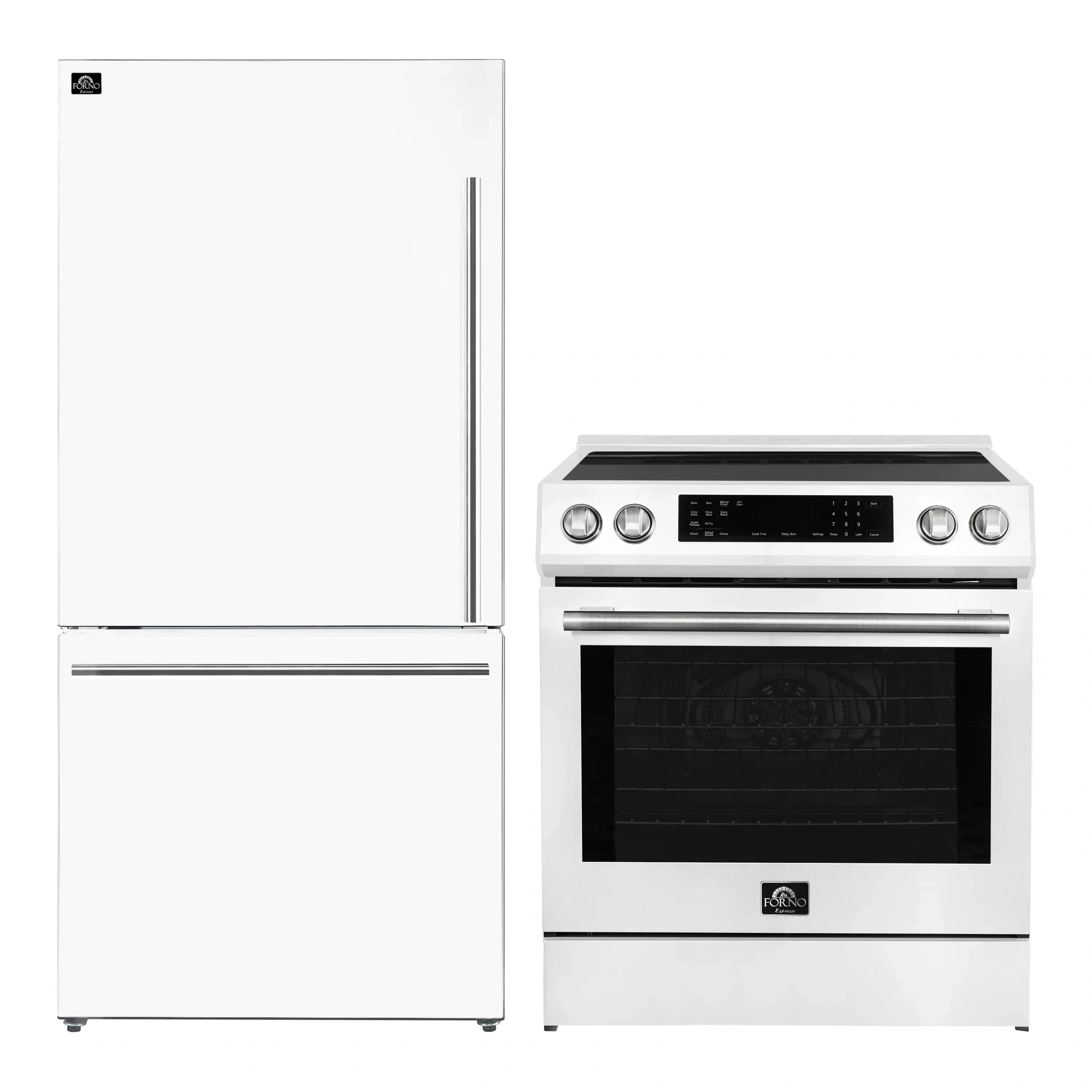 White refrigerator and white induction range side-by-side with stainless trim