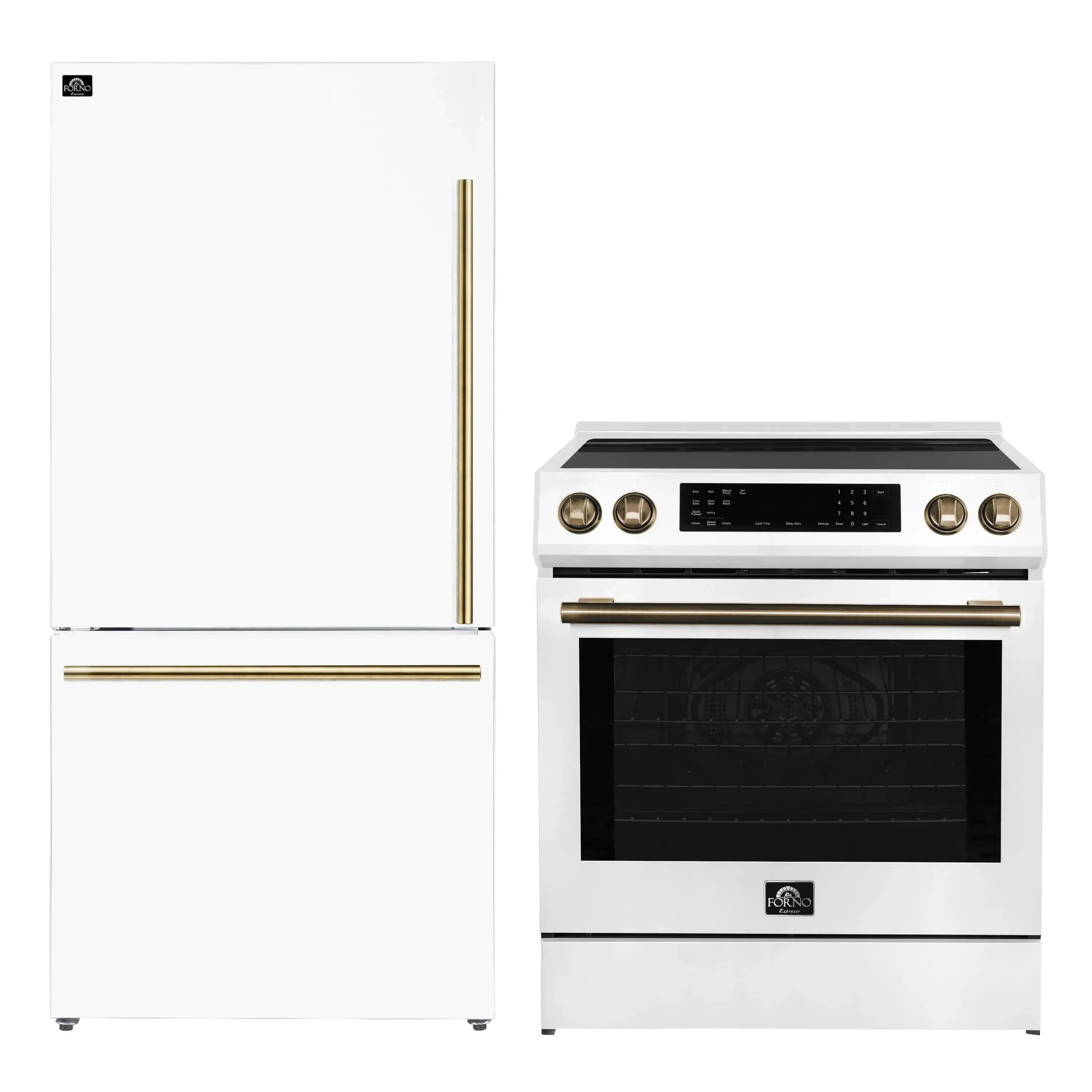 White 2-piece appliance package: induction range with brass handles and matching refrigerator