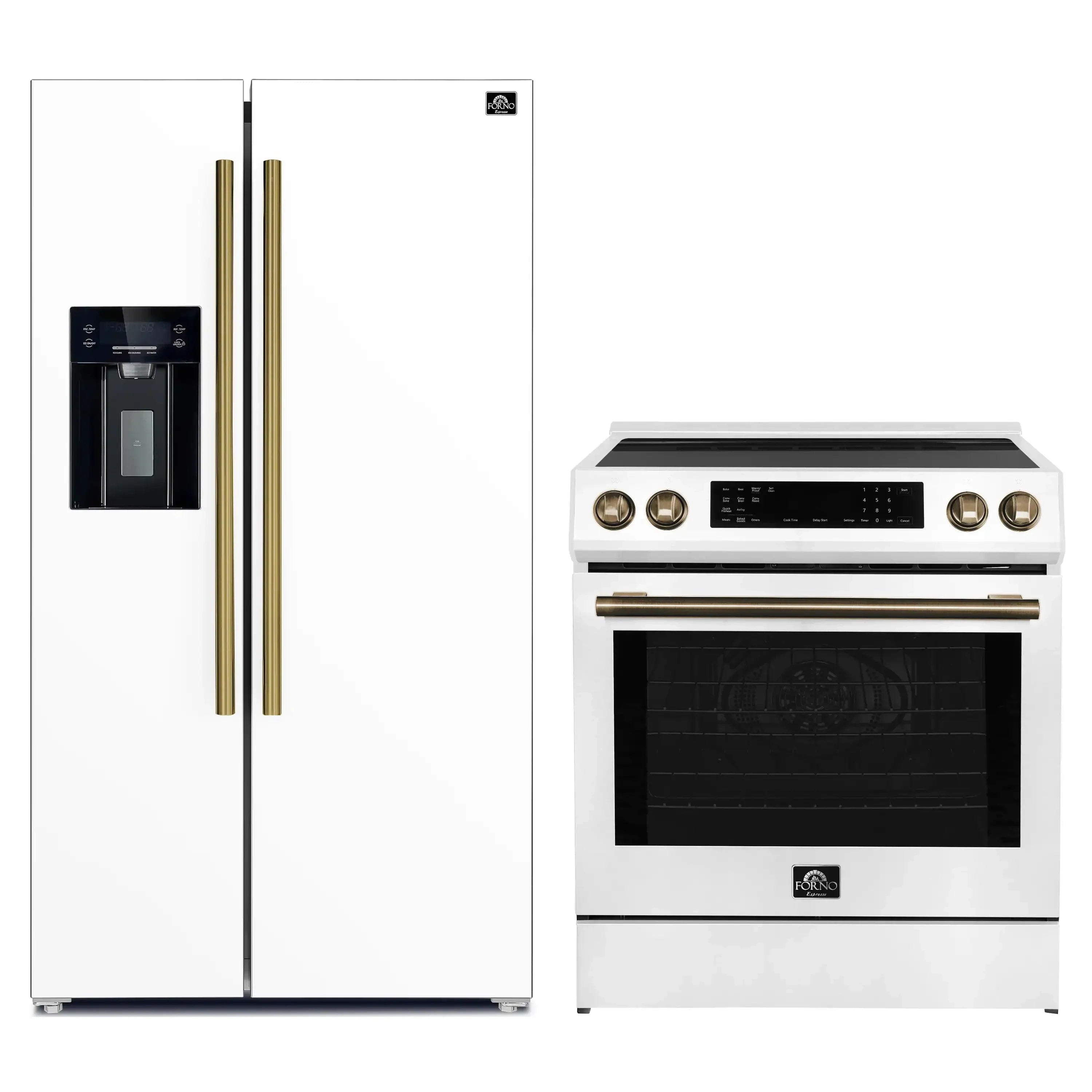 White side-by-side refrigerator with brass handles next to a white induction range