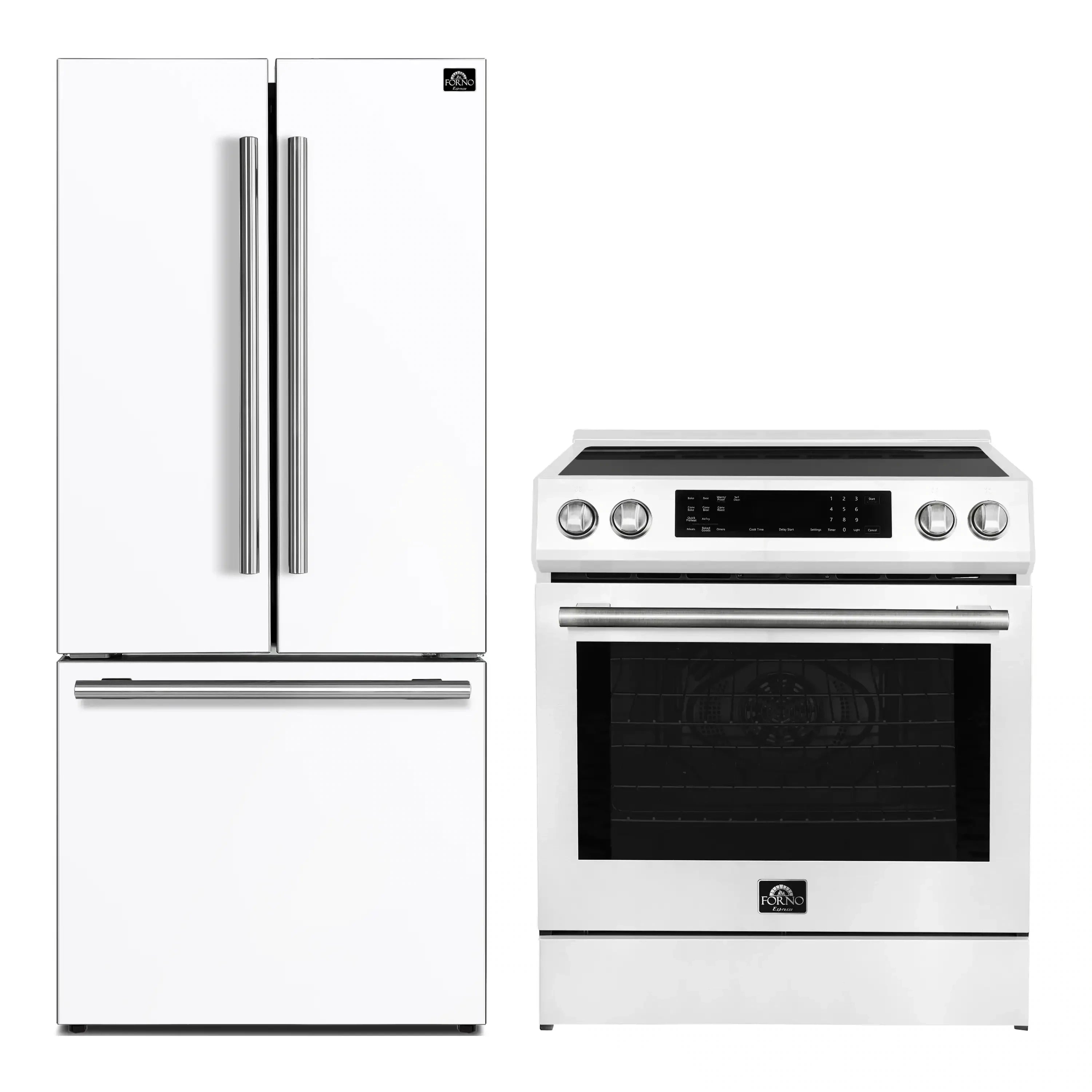 White French door refrigerator and 30-inch induction range with stainless handles