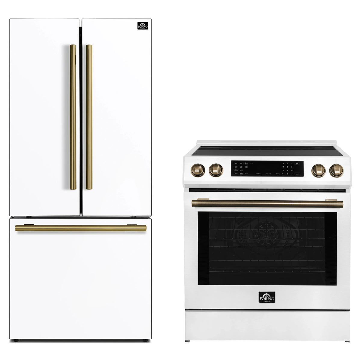Forno 2-Piece Appliance Package - 30-Inch Induction Range and 30-Inch French Door Refrigerator in White with Antique Brass Trim (FBDL-015-10CAUS)