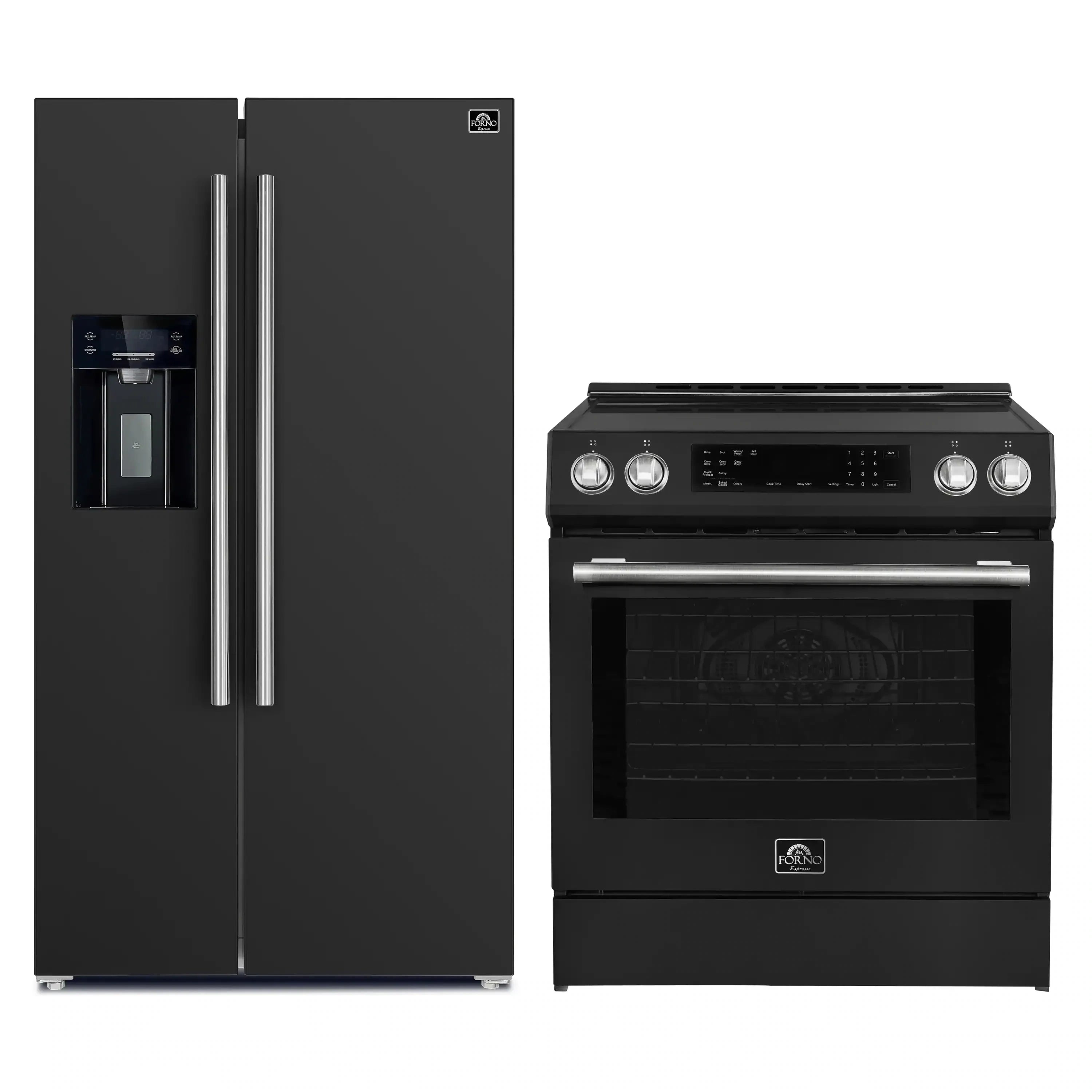 Black induction range and black side-by-side refrigerator set with stainless steel handles