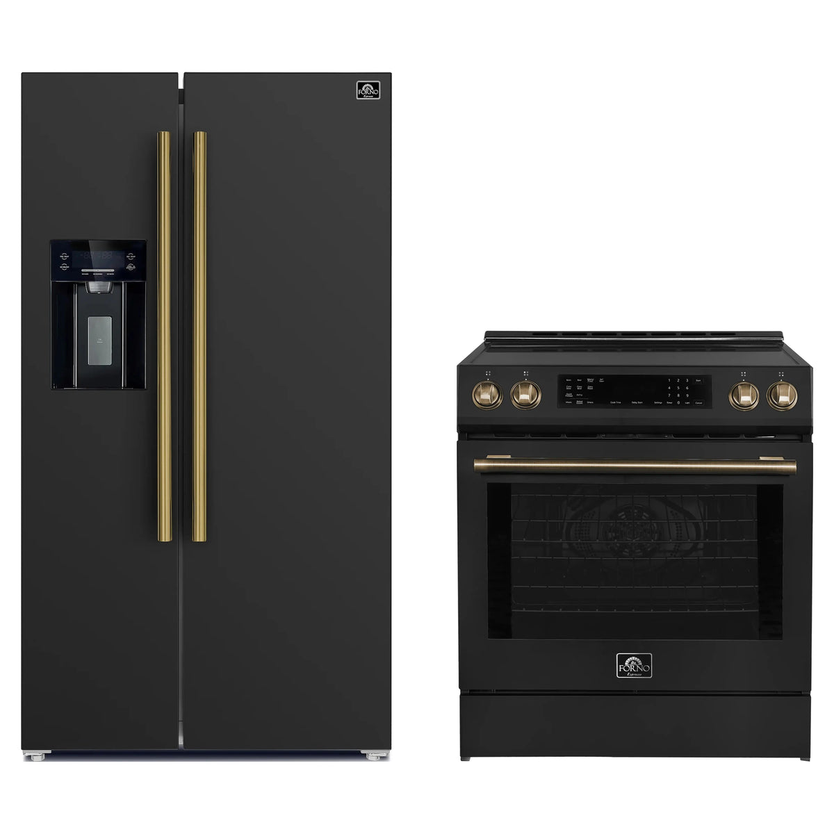 Forno 2-Piece Appliance Package - 30-Inch Induction Range and 36-Inch Side by Side Refrigerator with Water Dispenser in Black with Antique Brass Trim (FBDL-015-14CAUS)