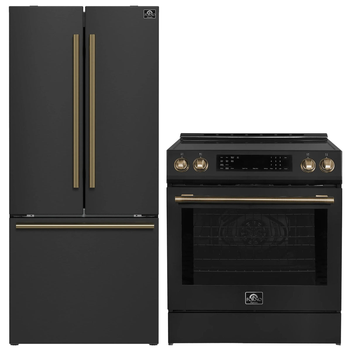 Forno 2-Piece Appliance Package - 30-Inch Induction Range and 30-Inch French Door Refrigerator in Black with Antique Brass Trim (FBDL-015-15CAUS)