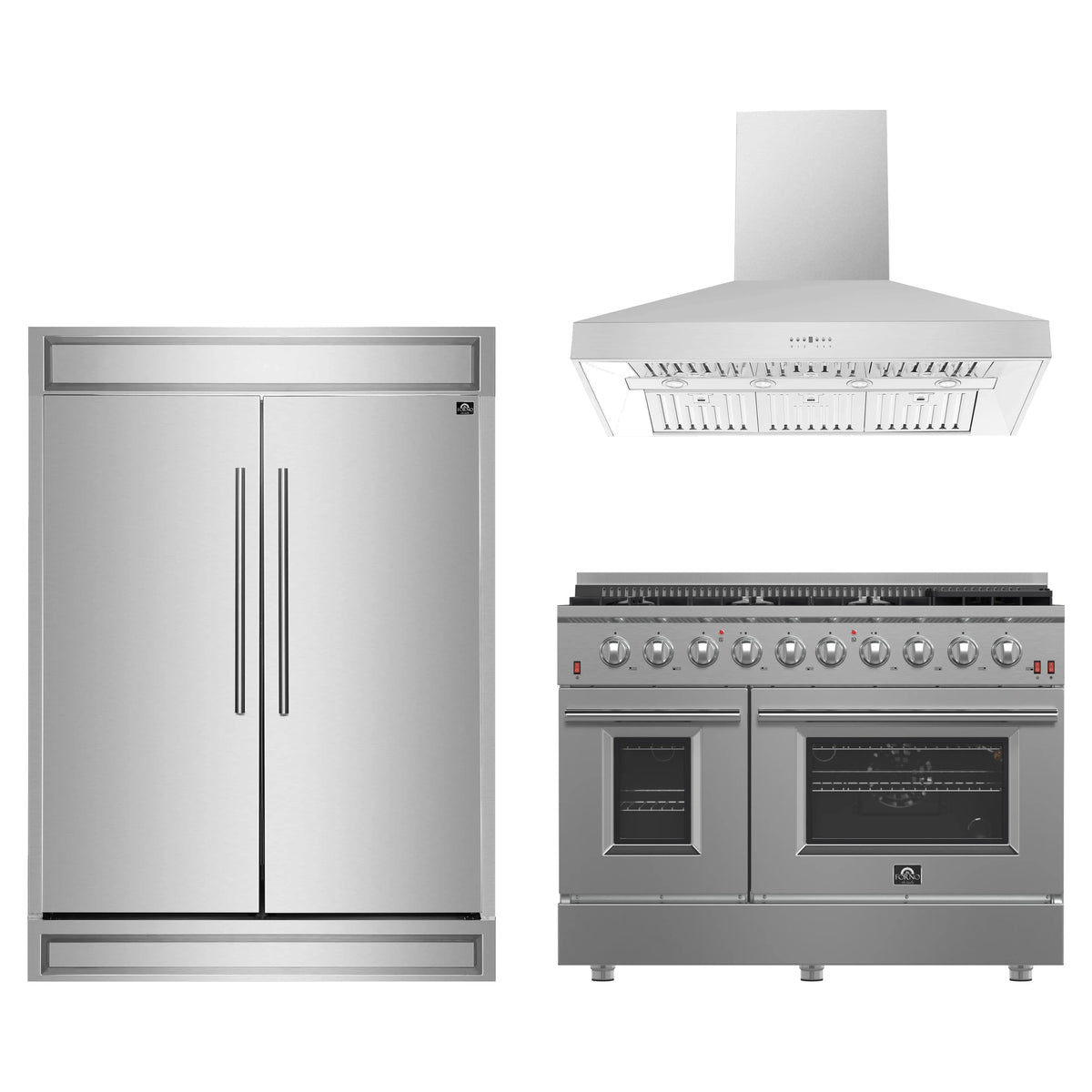 Forno 3-Piece Appliance Package - 48-Inch Gas Range, Refrigerator, & Wall Mount Hood in Stainless Steel (FBDL-018-04CAUS)