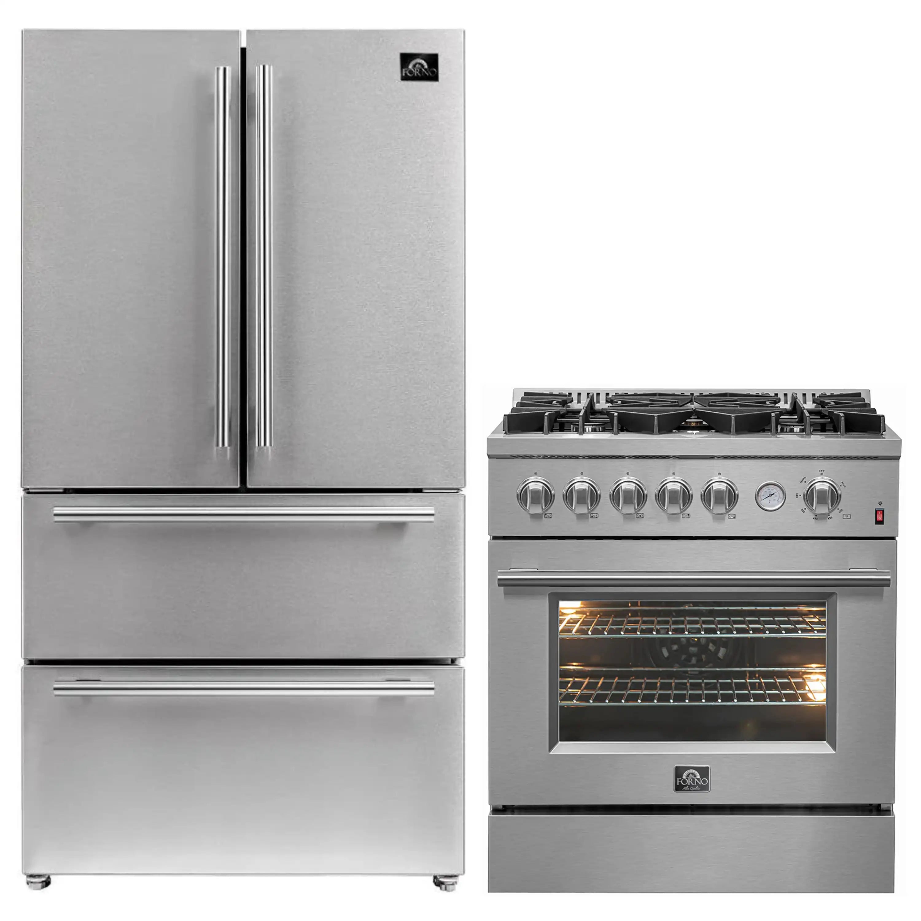 Stainless steel French door refrigerator and built-in gas range