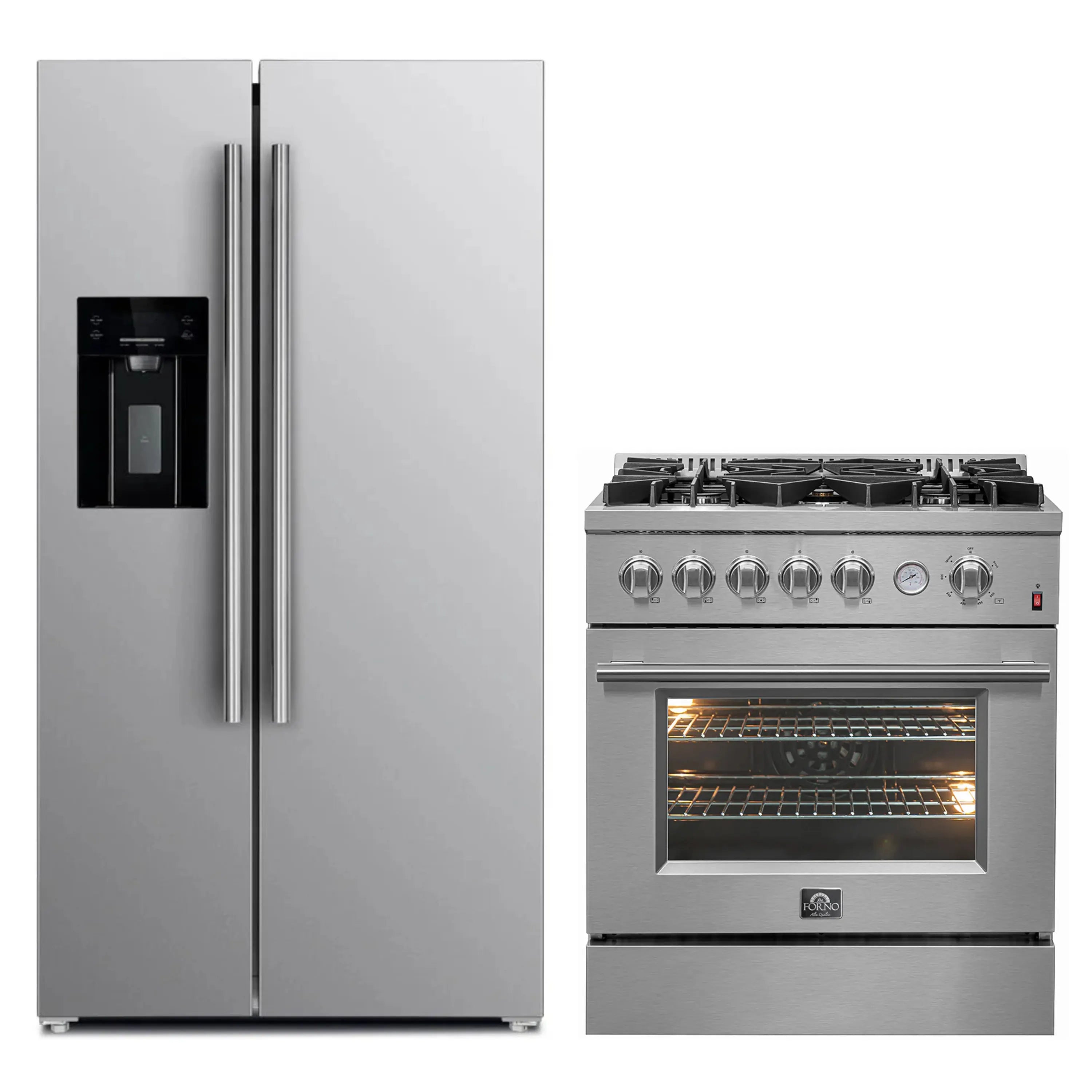 Stainless steel gas range and refrigerator with water dispenser in matching set