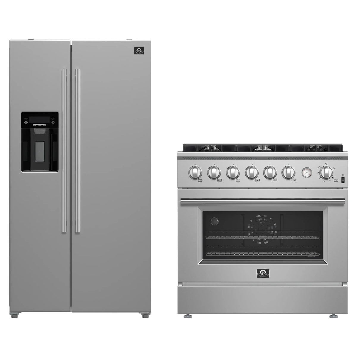 FORNO 2-Piece Appliance Package- 36-Inch Gas Range and 36-Inch Refrigerator with Water Dispenser in Stainless Steel (FBDL-021-03CAUS)