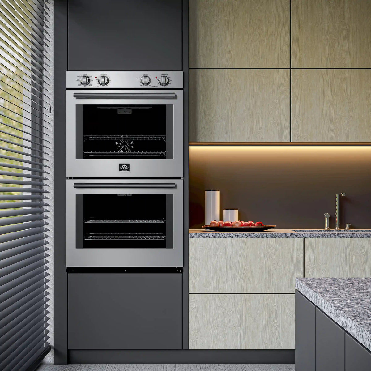 Built-in stainless steel double wall oven with two black glass doors and control knobs.