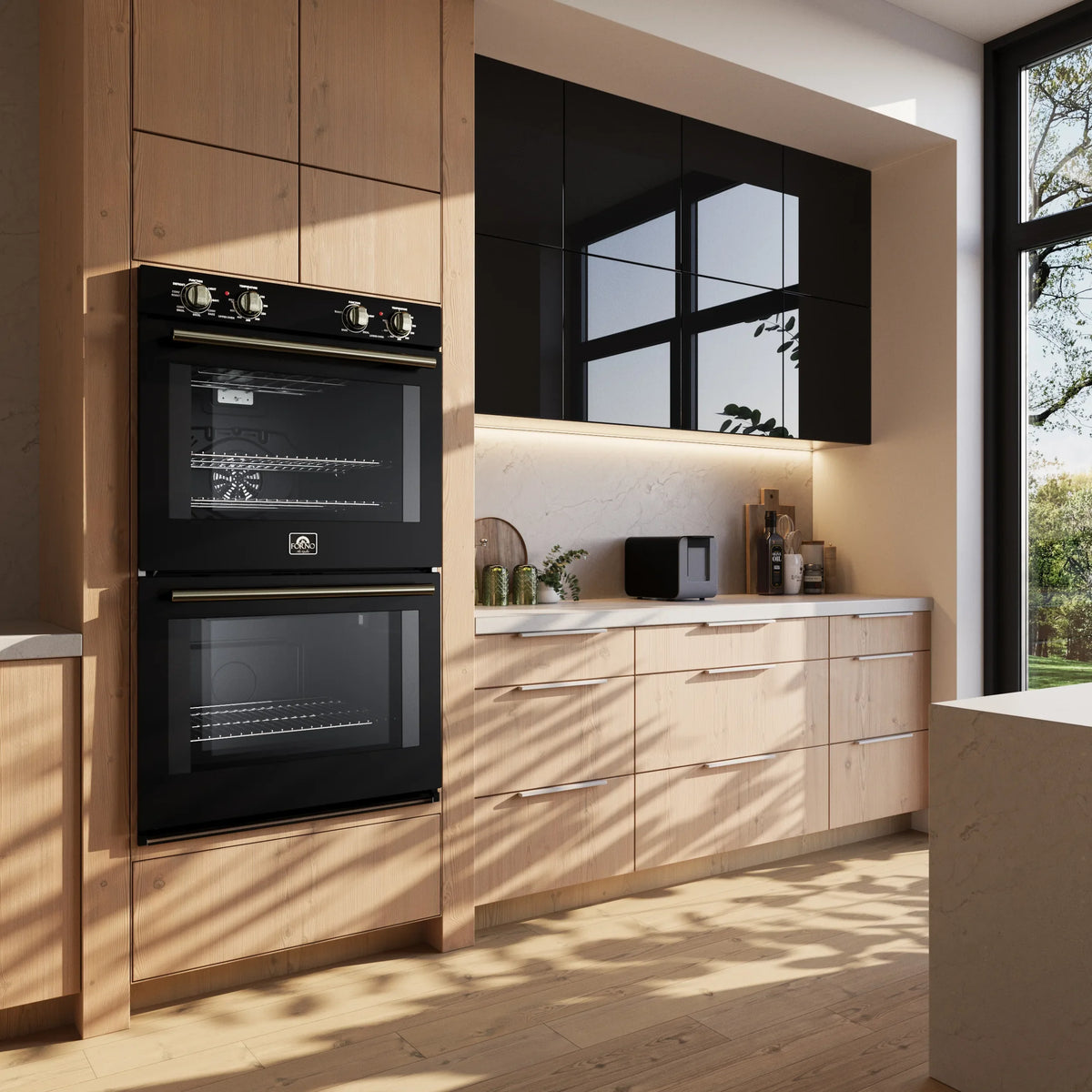 Forno Vomero 30-Inch Double Wall Oven with 10 cu.ft Total Capacity in Black with Stainless Steel Trim shown in a styled kitchen