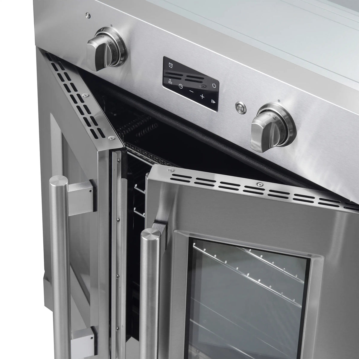 Stainless steel oven door edge detail with handle and vented side panel