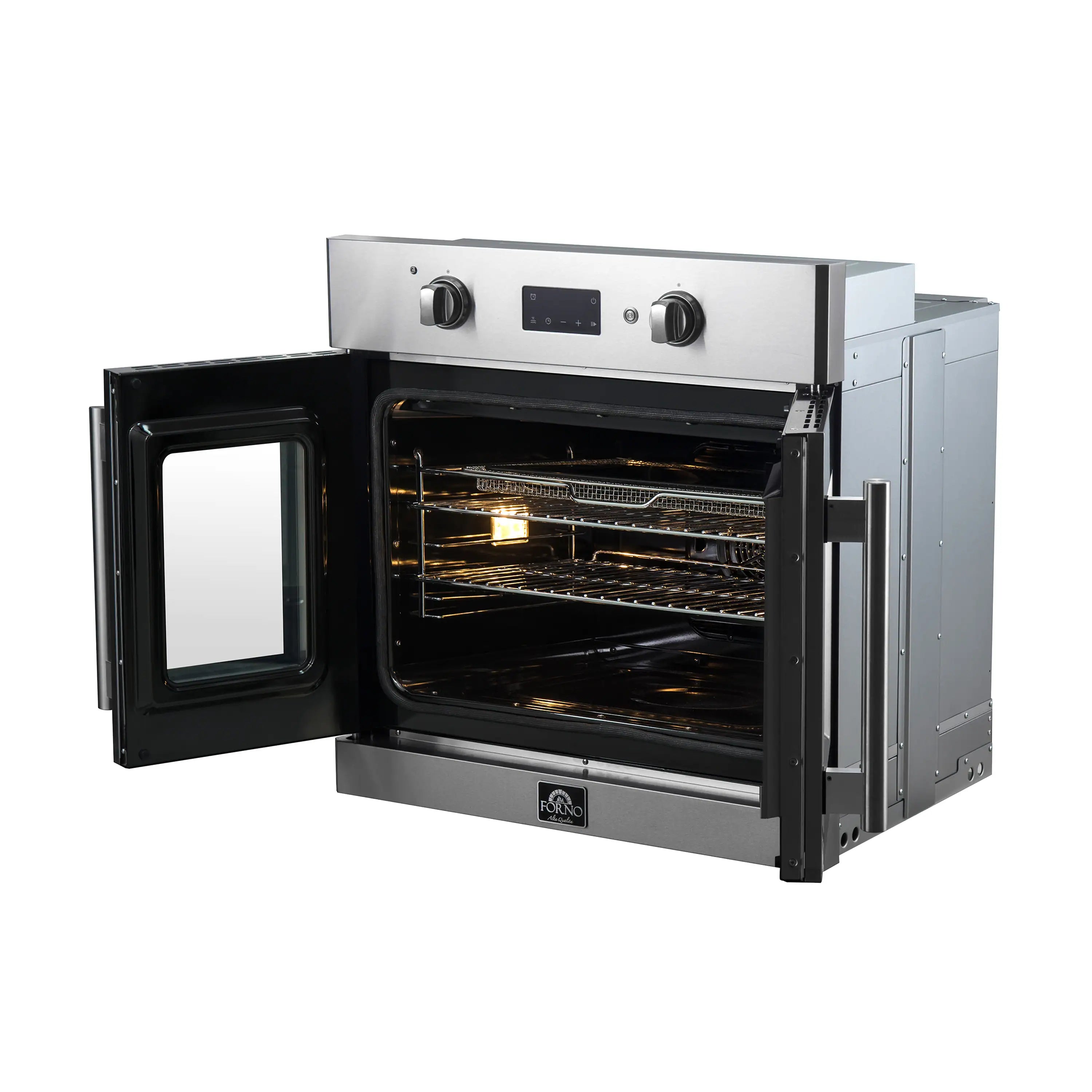 Stainless steel wall oven with side door open, black glass window and racks inside