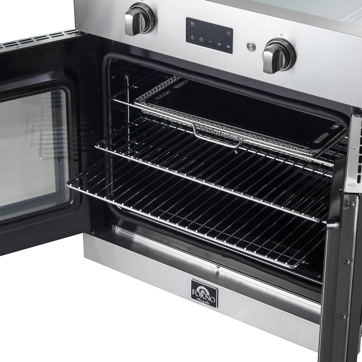 Stainless steel oven interior with wire racks and black enamel cooking surface