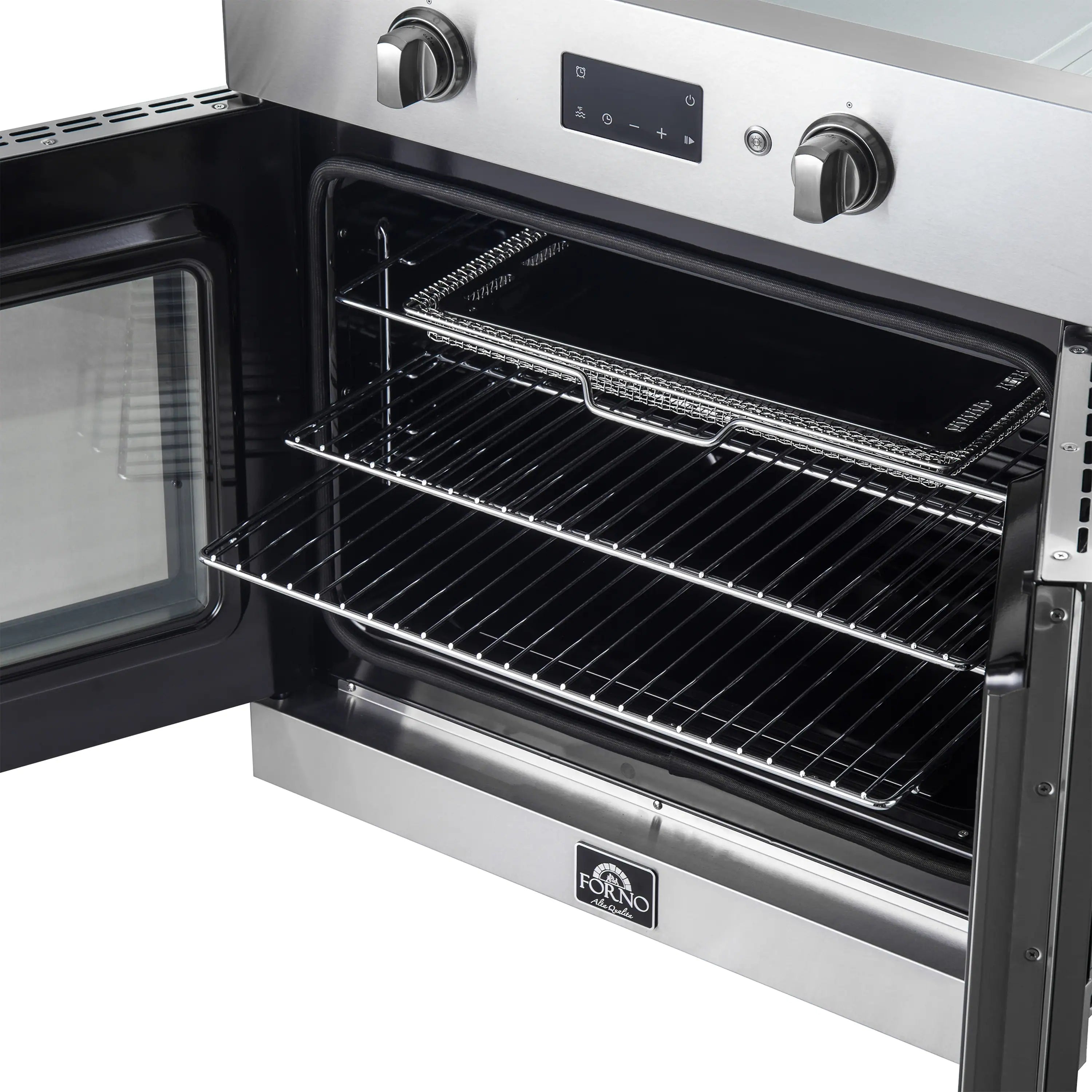 Stainless steel wall oven with lower door open, black interior and metal wire racks