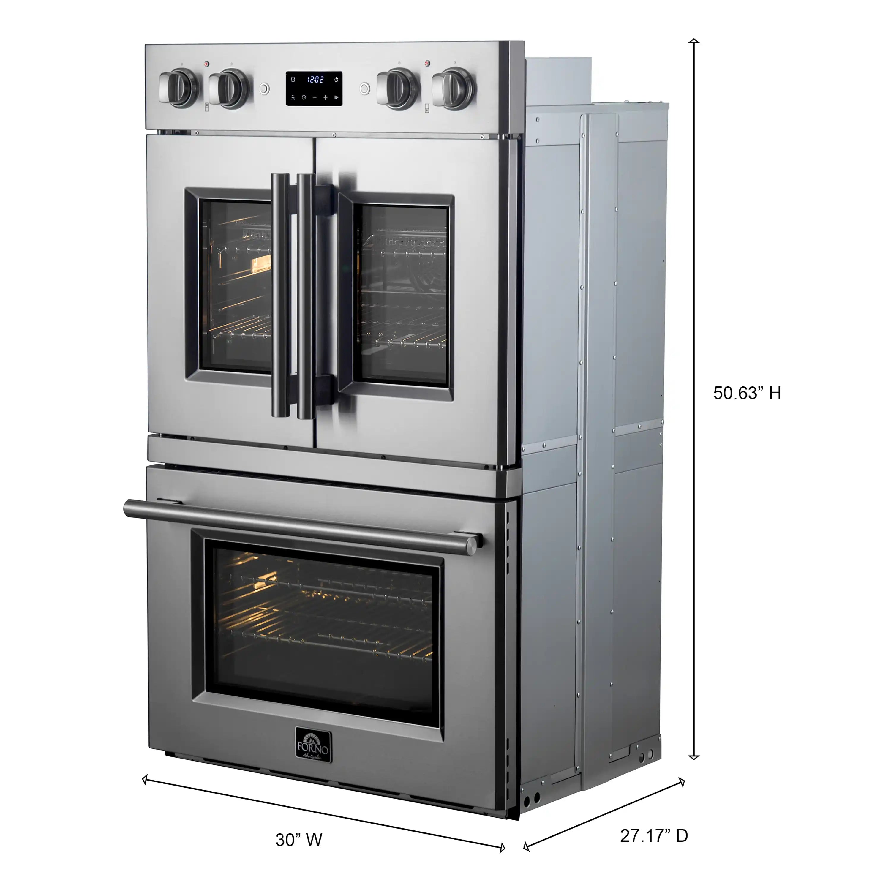 Forno Asti 30-inch electric double oven, stainless French doors with exterior dimensions