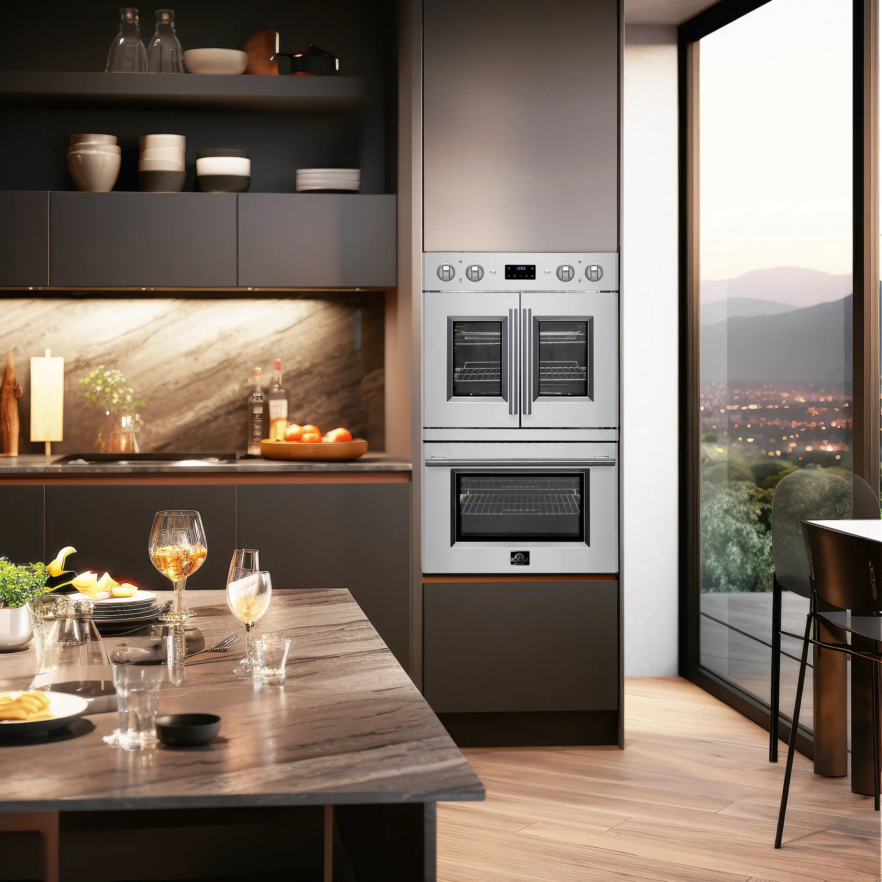 Forno Asti 30-inch electric French door double oven, stainless with control panel and open doors