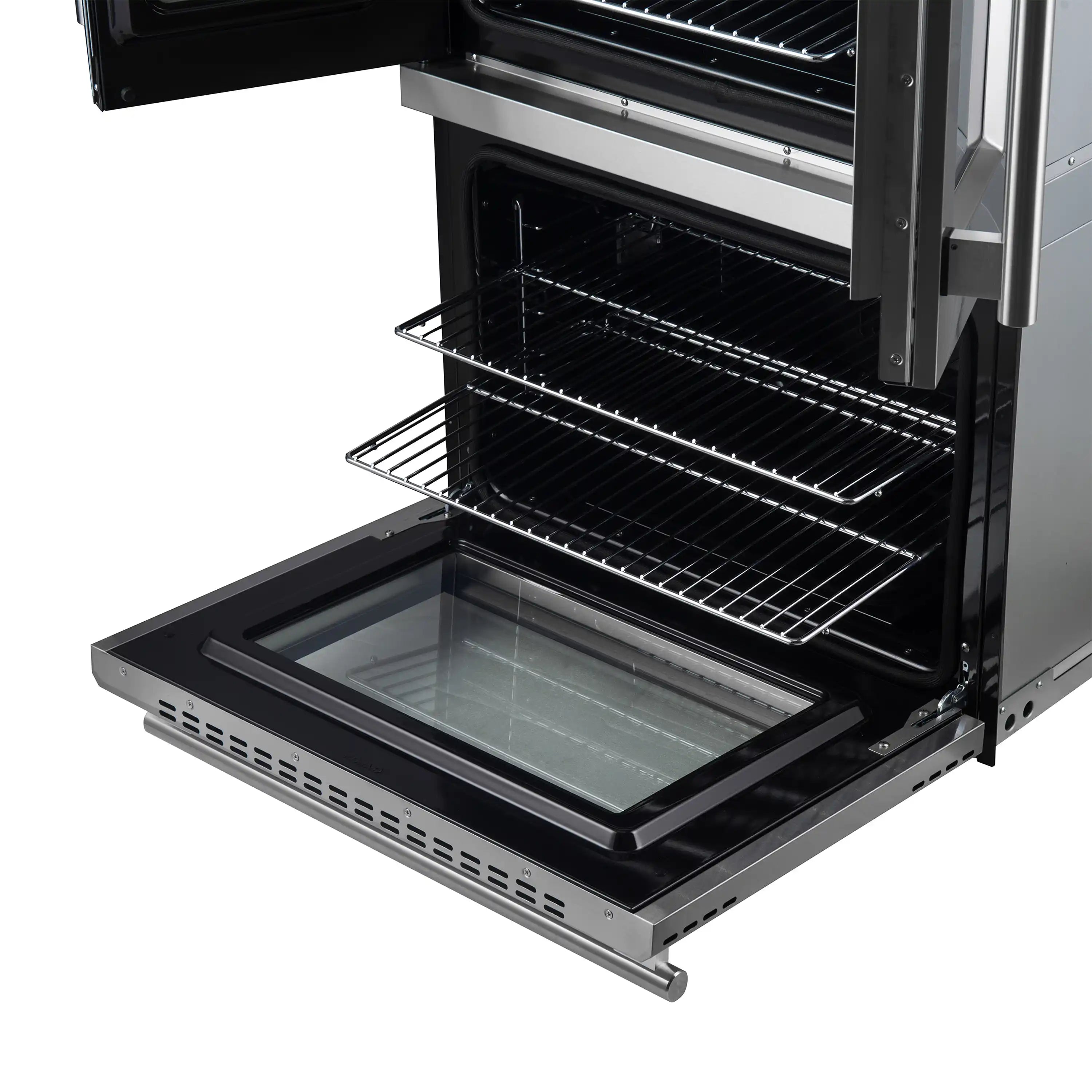 Forno Asti double oven with upper door open, wire rack and glass viewing window