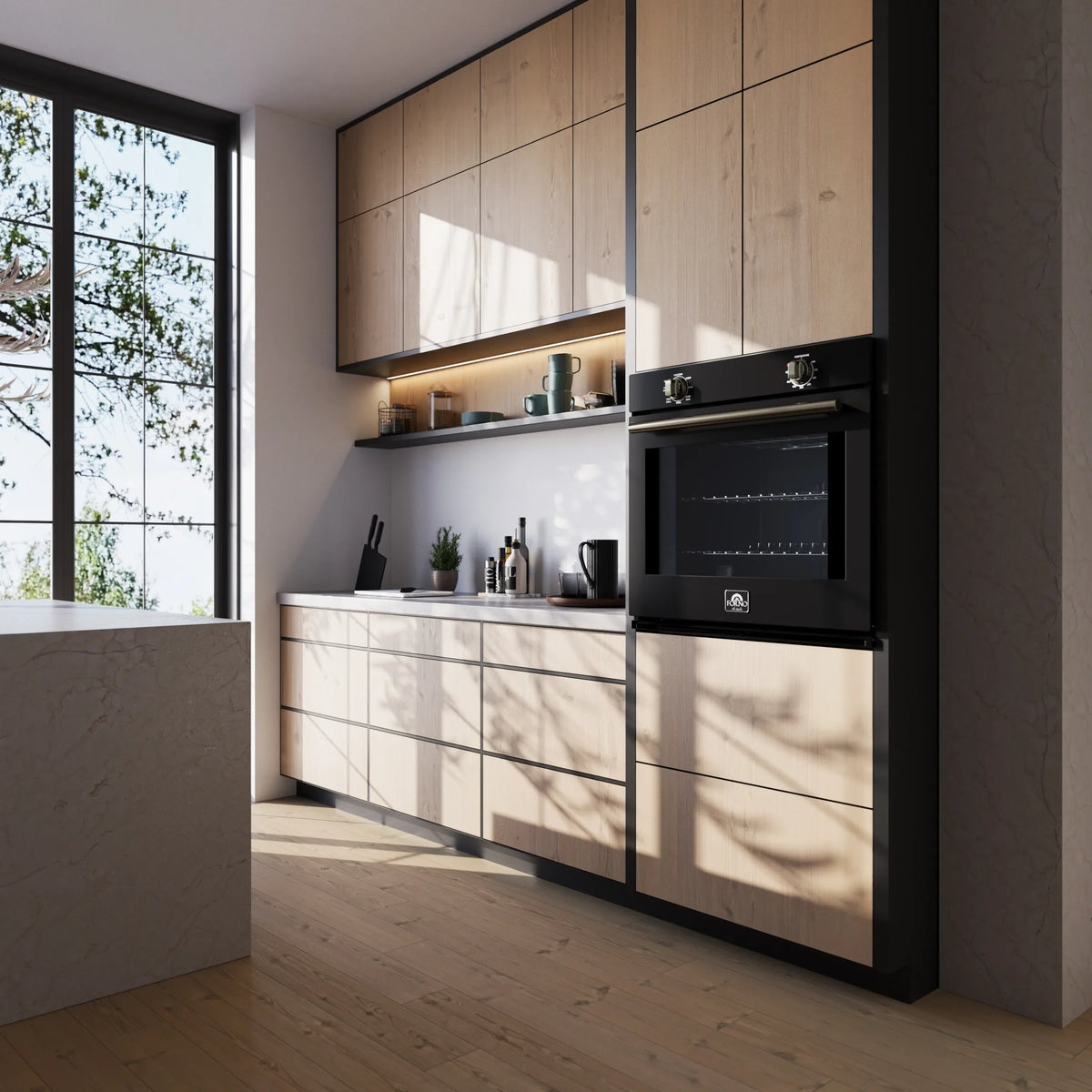 Forno Vomero 30-Inch Wall Oven with 5 cu.ft Total Capacity in Black with Stainless Steel Trim shown in a styled kitchen