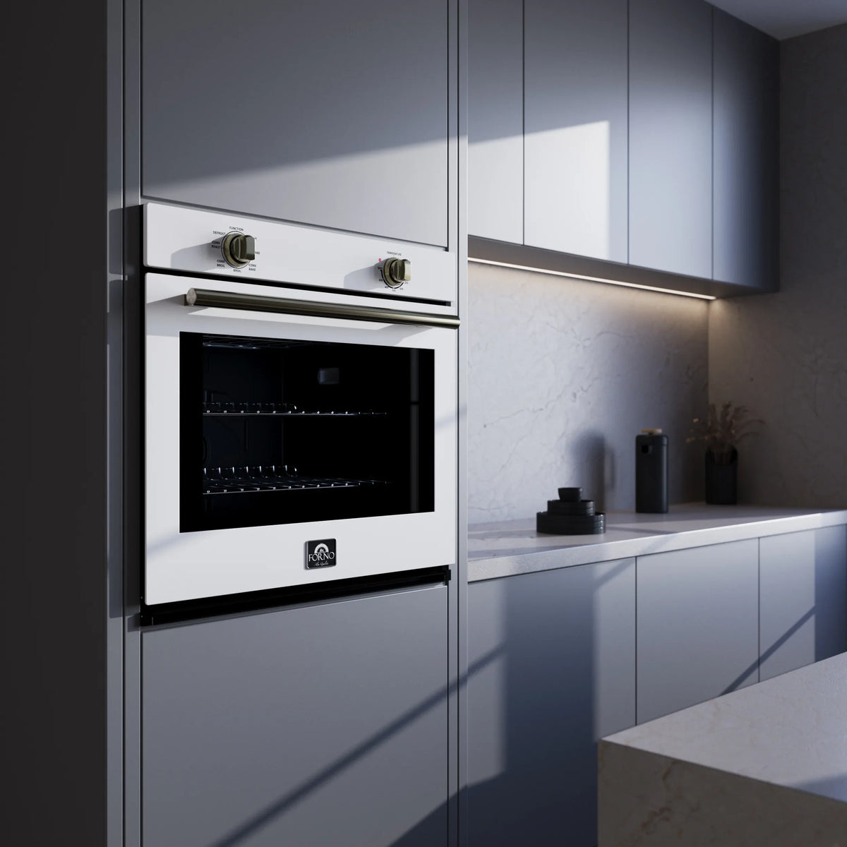 Forno Vomero 30-Inch Wall Oven with 5 cu.ft Total Capacity in White with Stainless Steel Trim shown in a styled kitchen