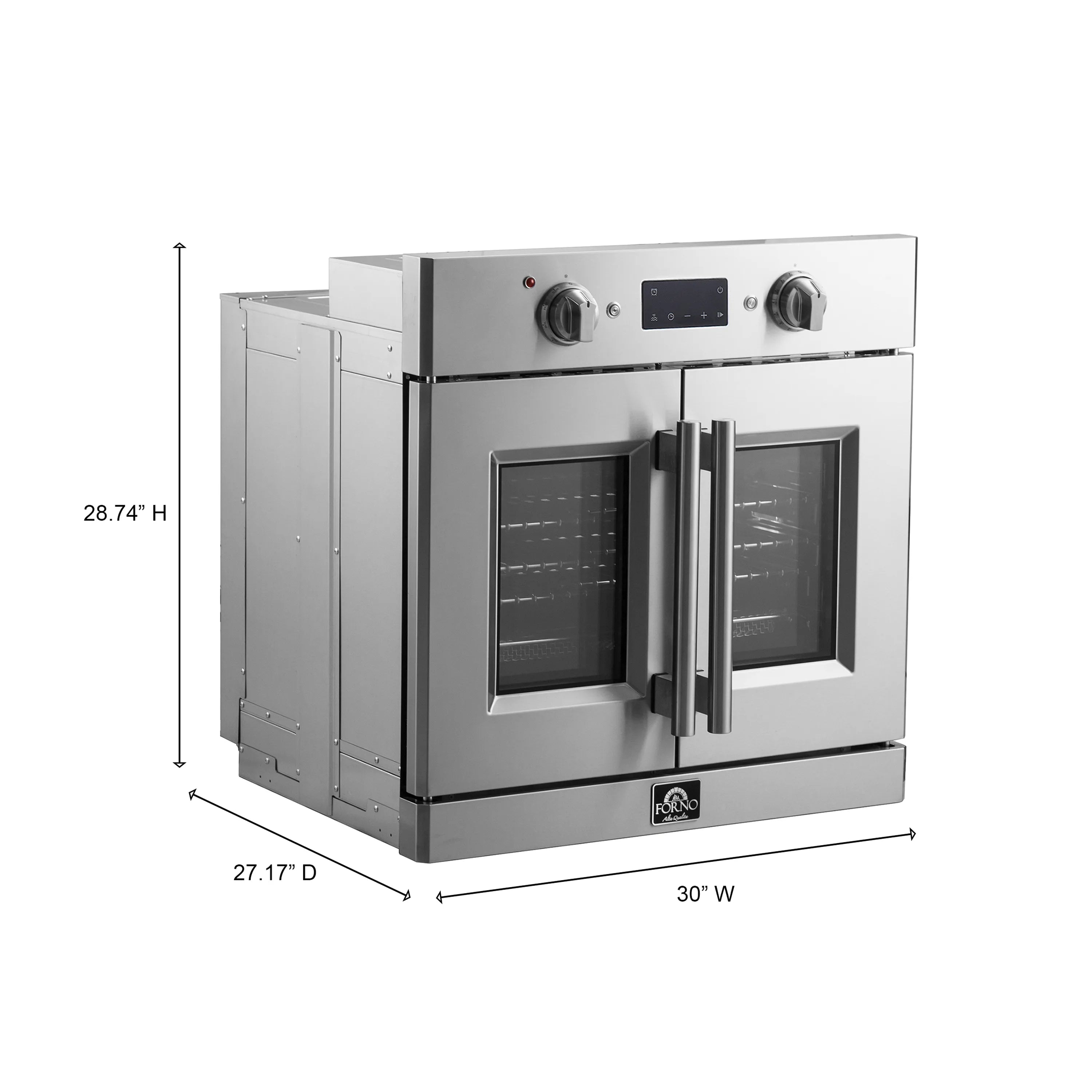 Stainless steel 30-inch electric French door wall oven with control panel and handles