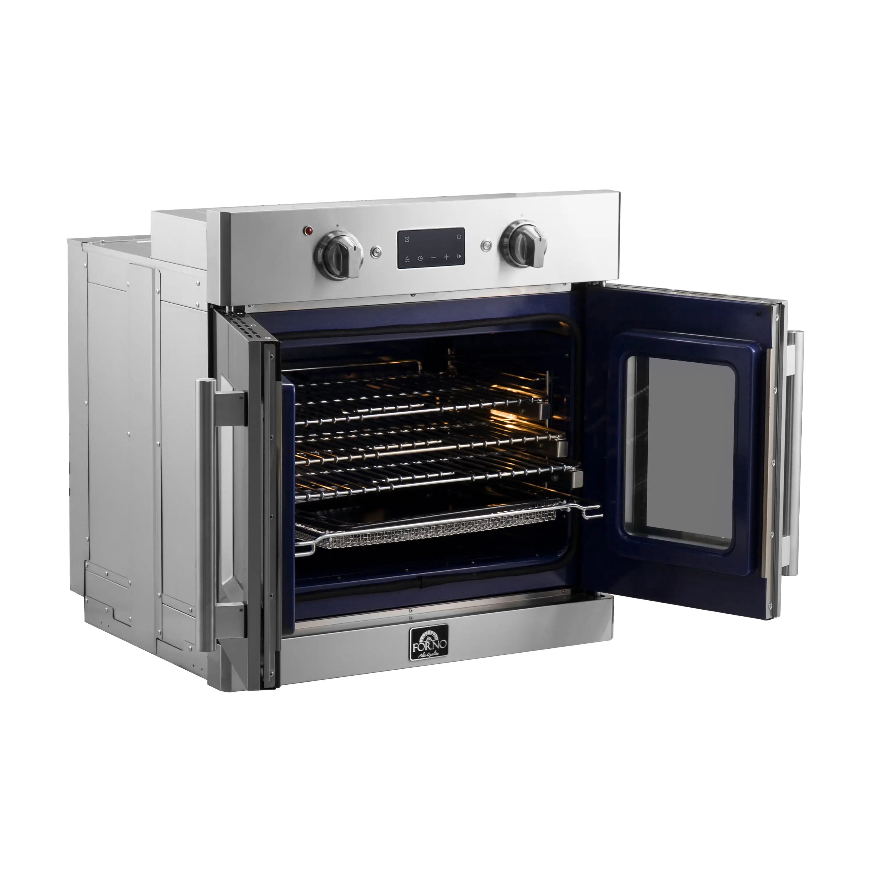 30-inch electric wall oven with French doors, open interior and metal cooking racks