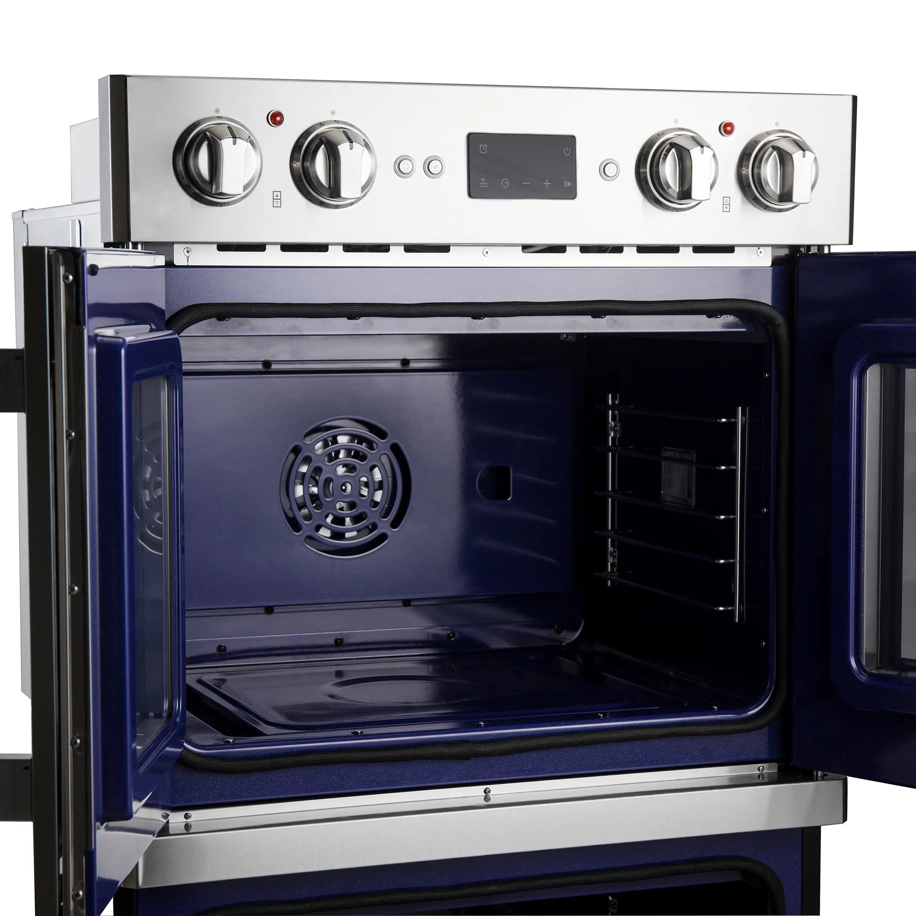 Electric double oven with French doors open—upper cavity showing fan and side racks