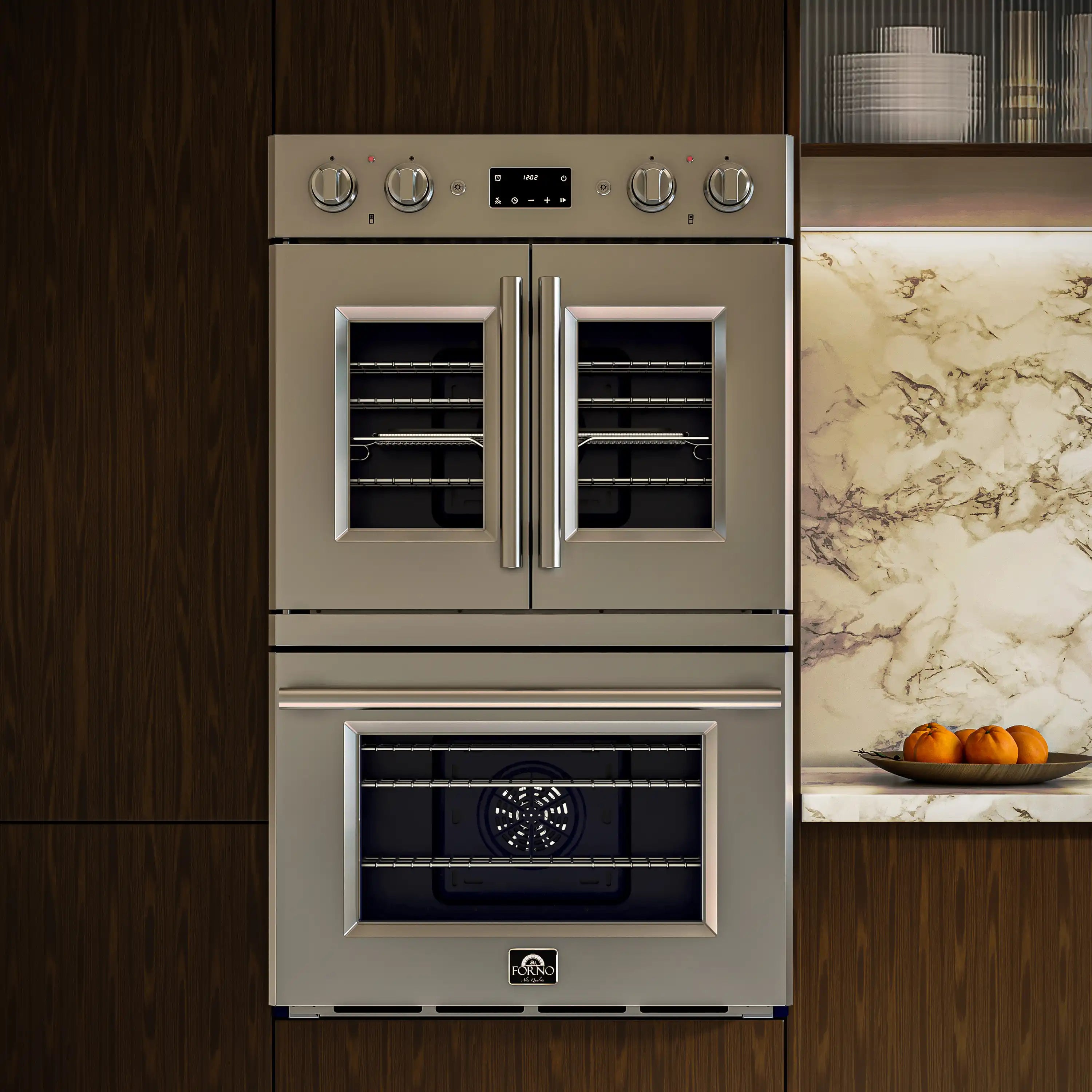 Stainless steel double French-door electric oven with top control panel and twin doors