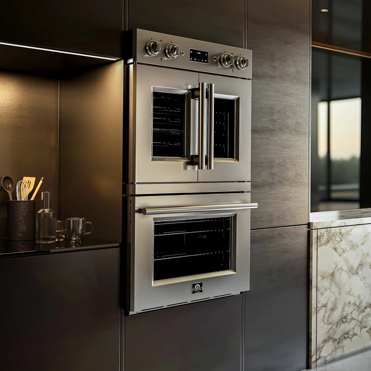 Stainless steel electric double oven with French doors, built-in front view