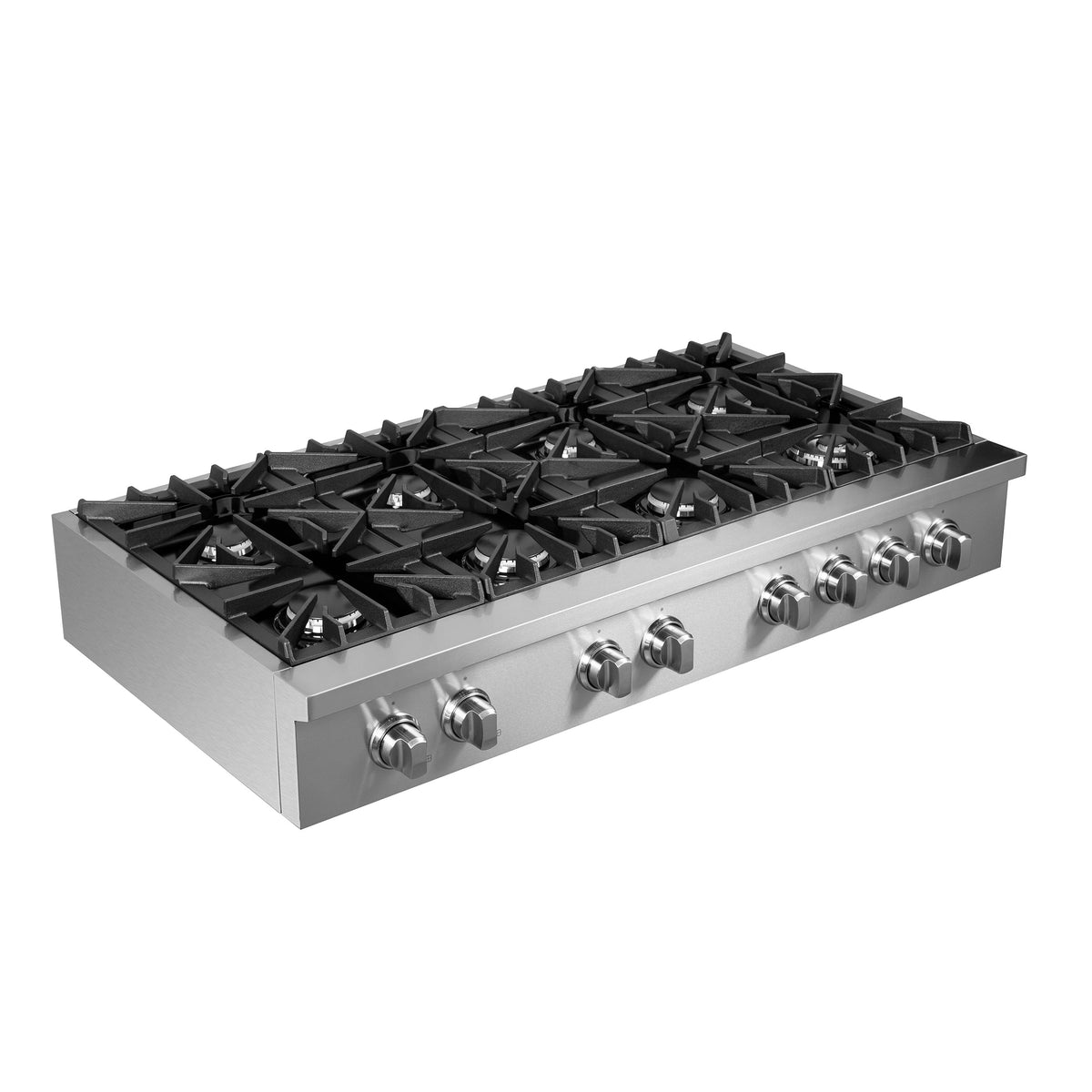 Stainless steel gas cooktop at angle with black grates and eight front knobs