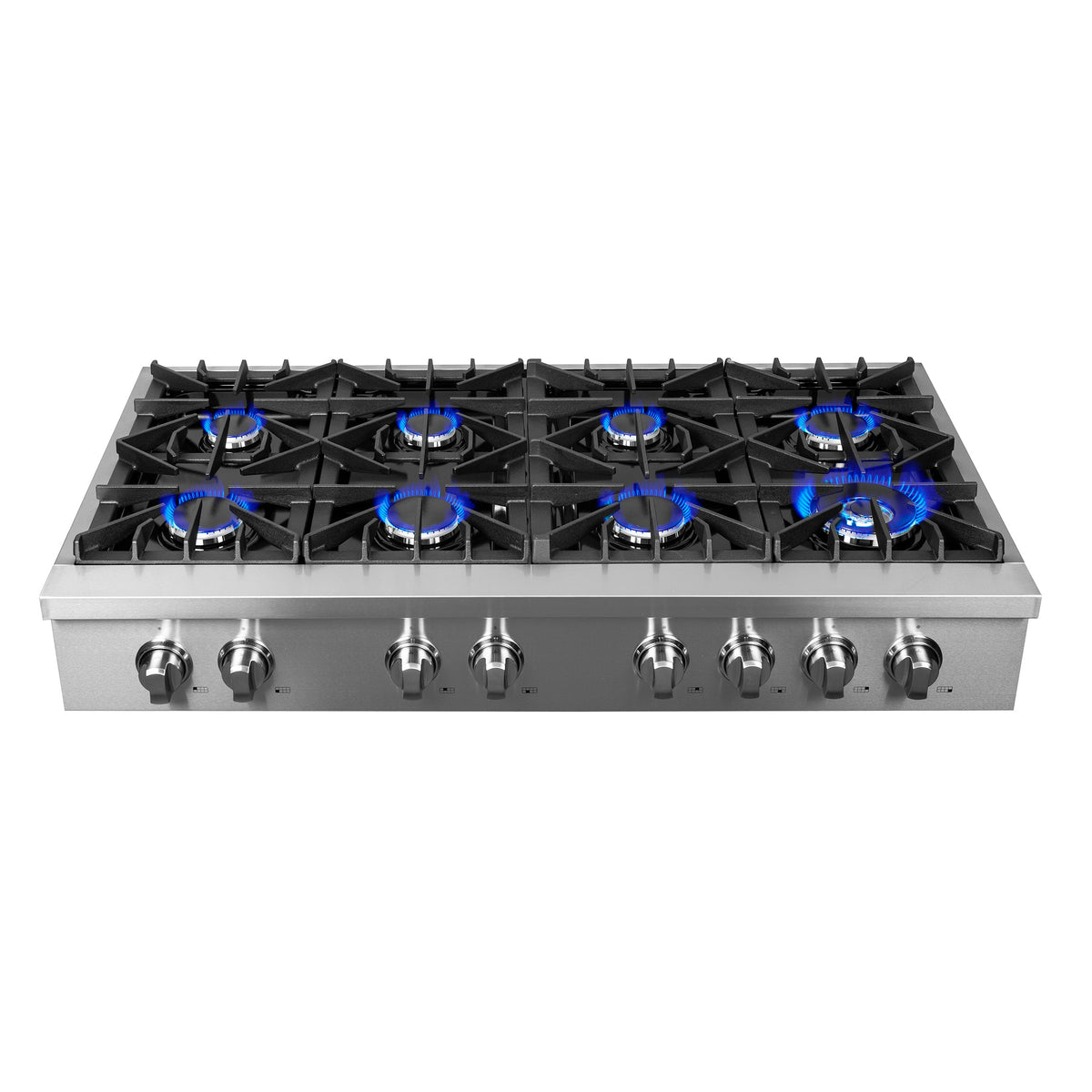 Stainless steel gas cooktop with black grates and blue-lit burners