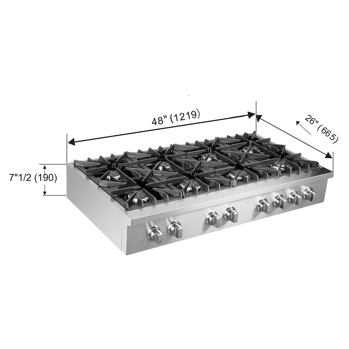 Stainless steel 48-in gas rangetop with black grates and four control knobs