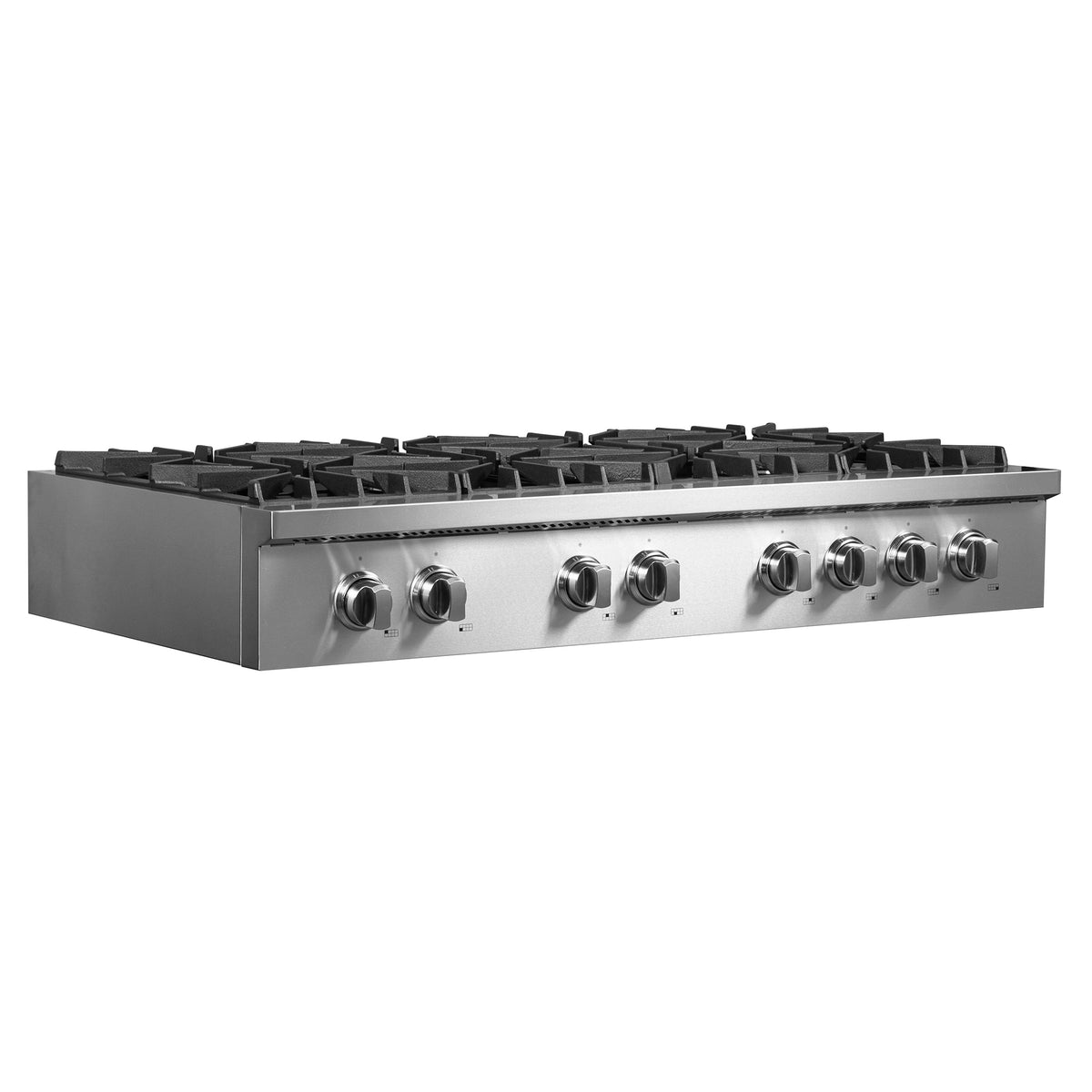 Stainless steel gas cooktop side view with black grates and control knobs
