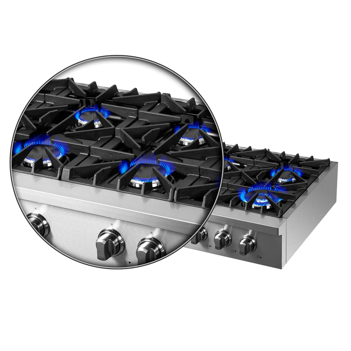Stainless steel gas cooktop with multiple blue-lit burners, close-up view