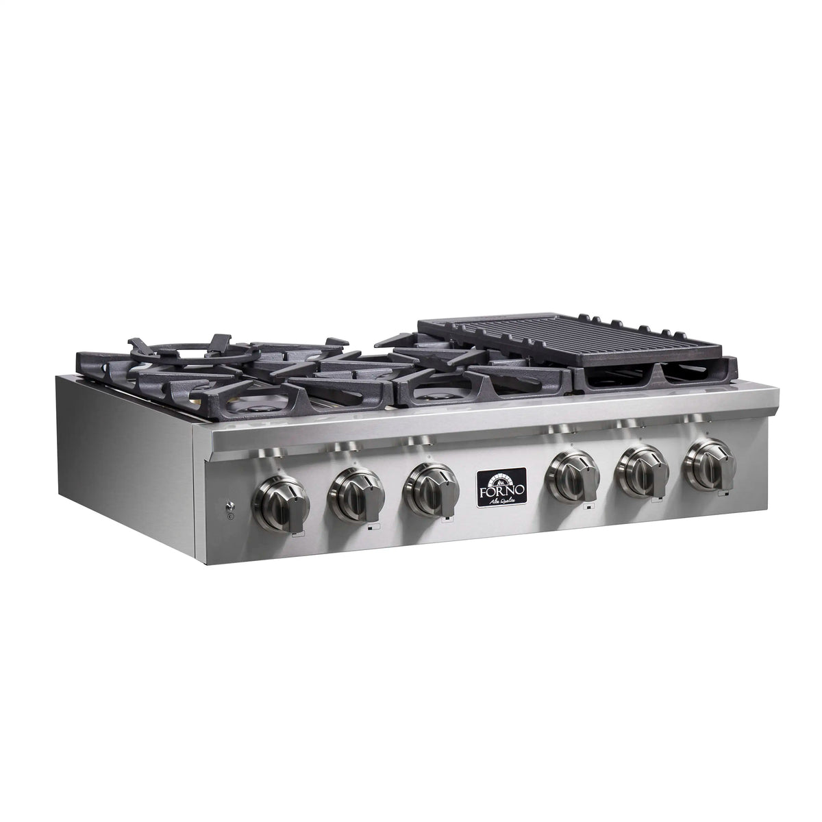 Stainless steel gas rangetop with knob controls and cast-iron burner grates, side view