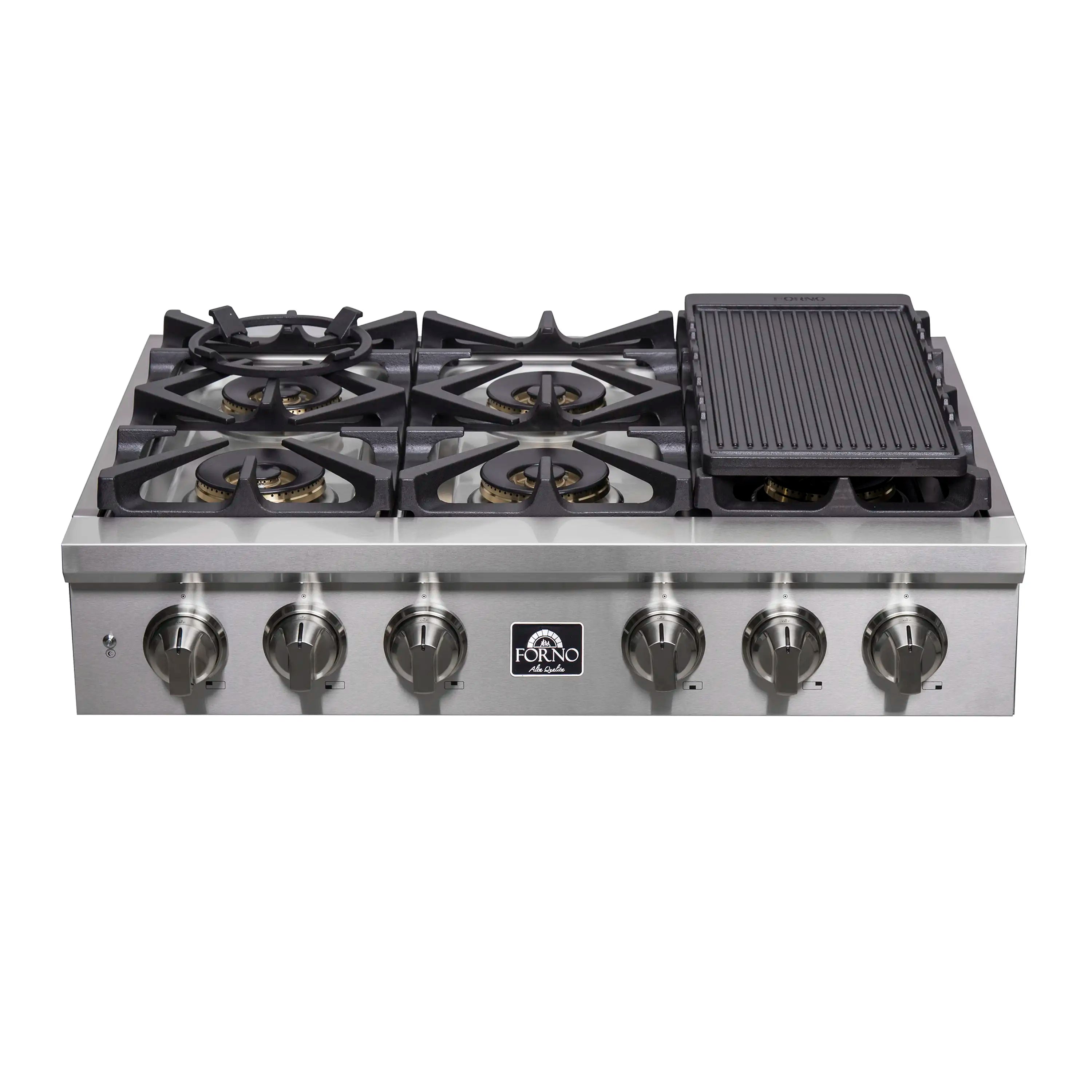 Stainless steel 36-inch gas rangetop with 6 dual-ring burners and continuous cast-iron grates