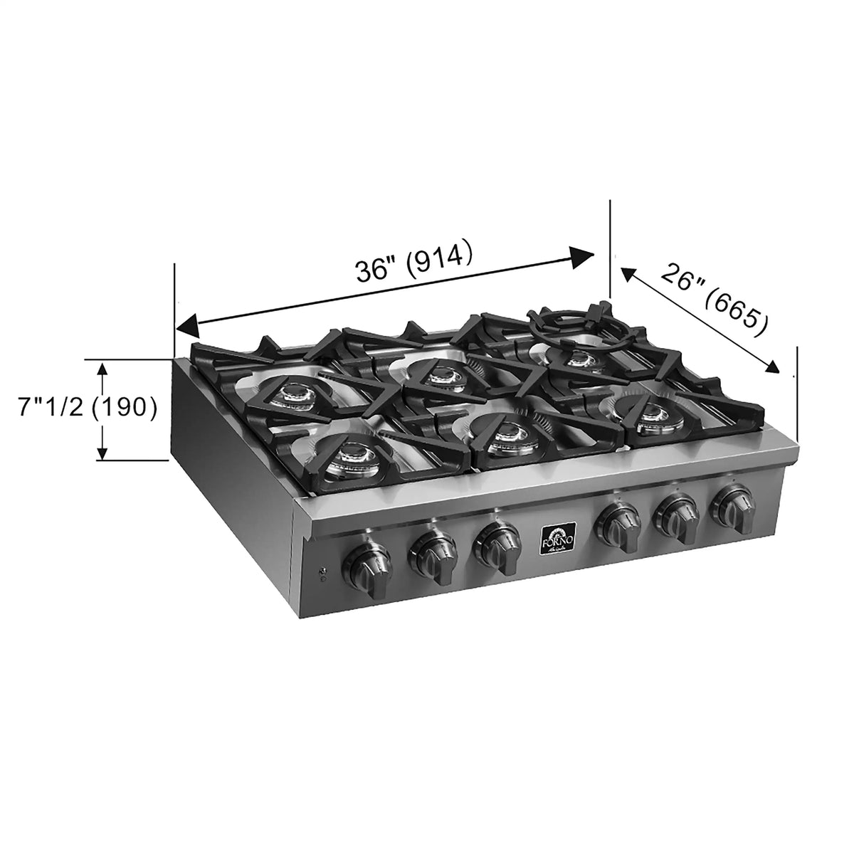 36 in stainless steel gas rangetop with four burners, control knobs, and size diagram