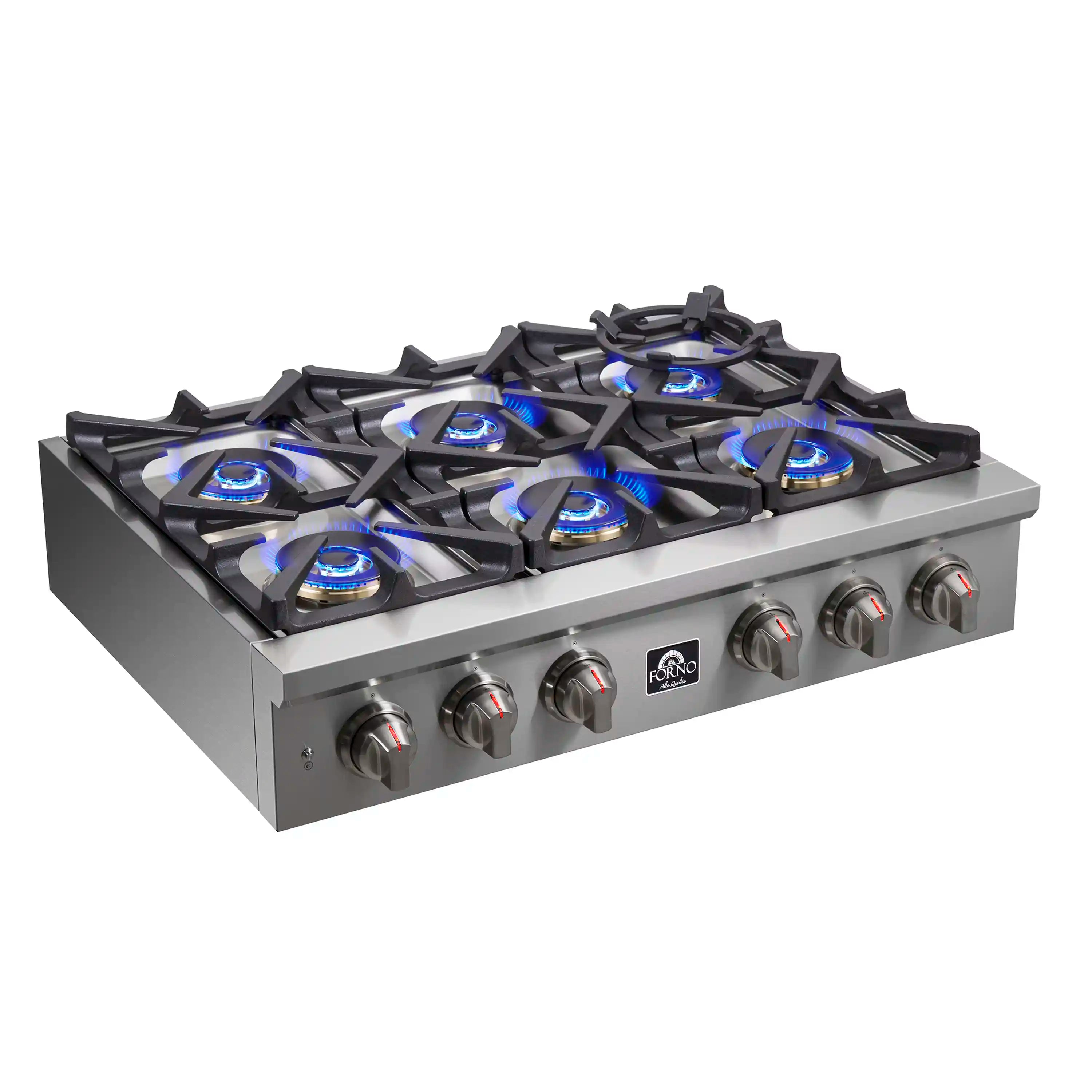 Stainless steel gas rangetop with griddle and burner flames, front-left angle