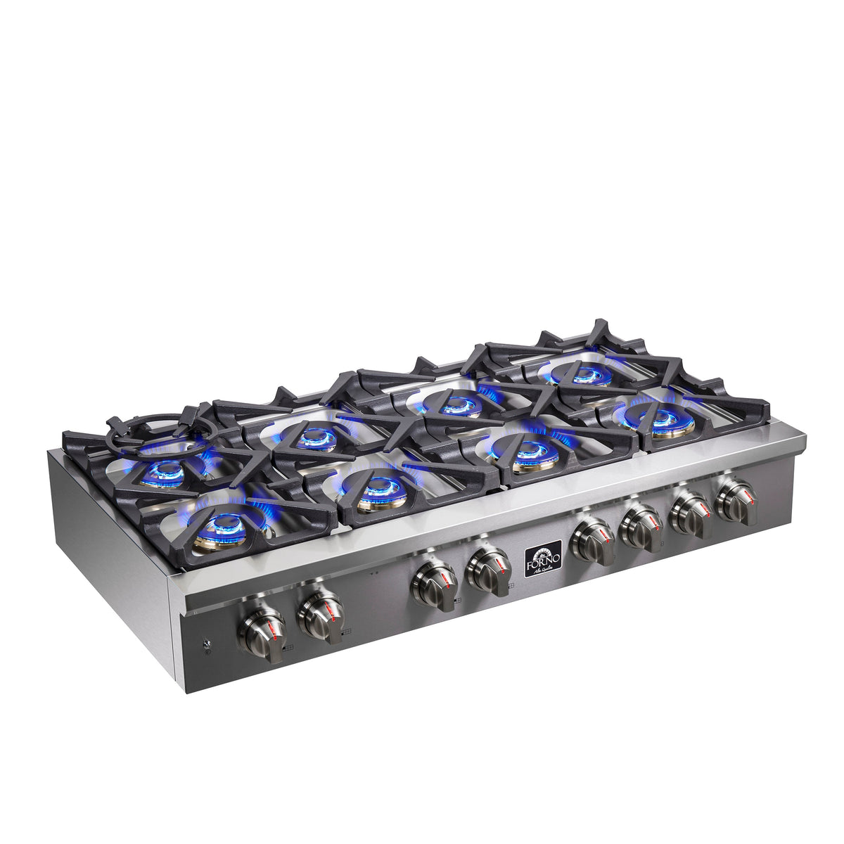 Angled stainless steel gas rangetop with six blue-flame burners and ribbed griddle