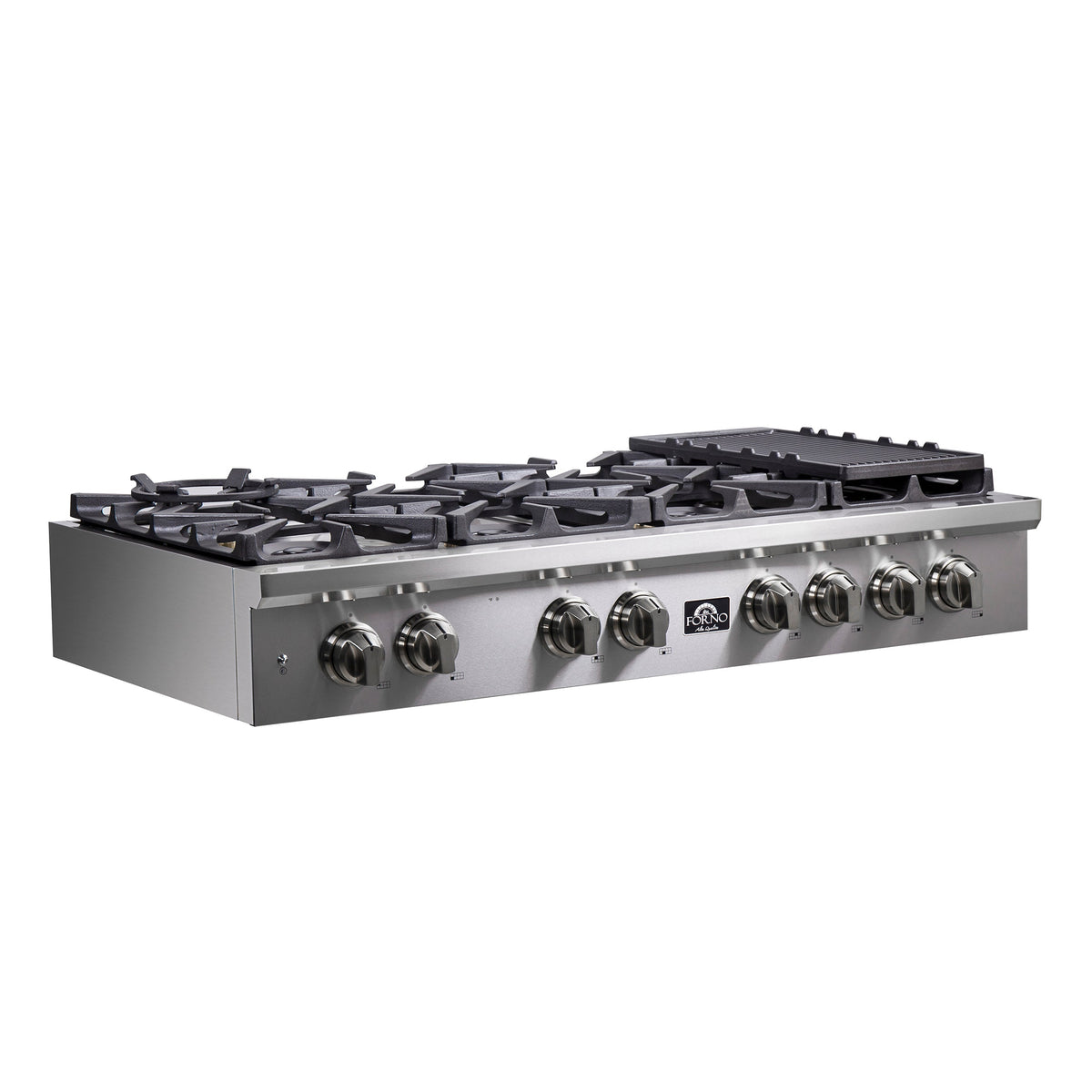 Stainless steel gas rangetop angled view with black grates and control knobs