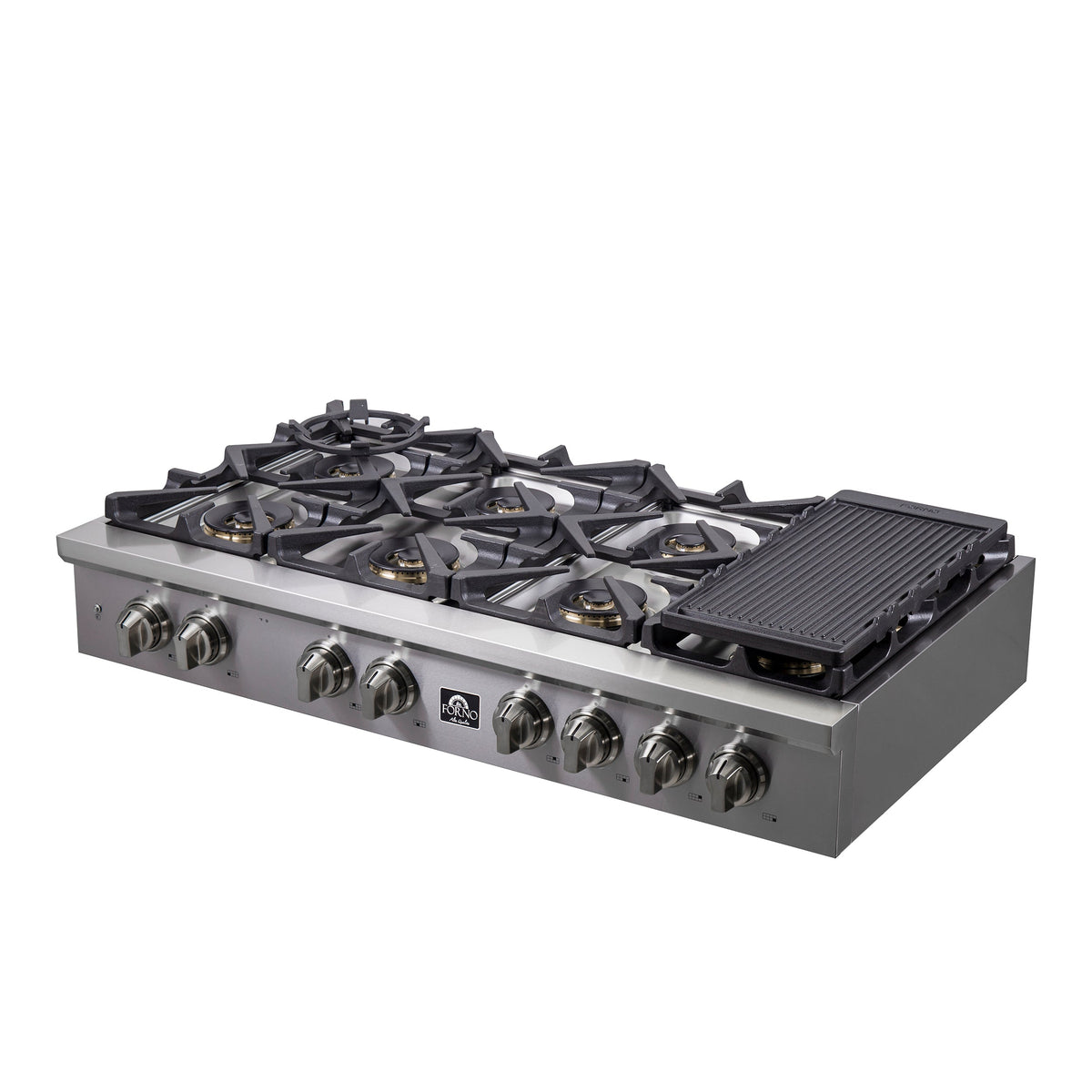 Stainless steel gas rangetop with six burners and ribbed griddle, front corner view