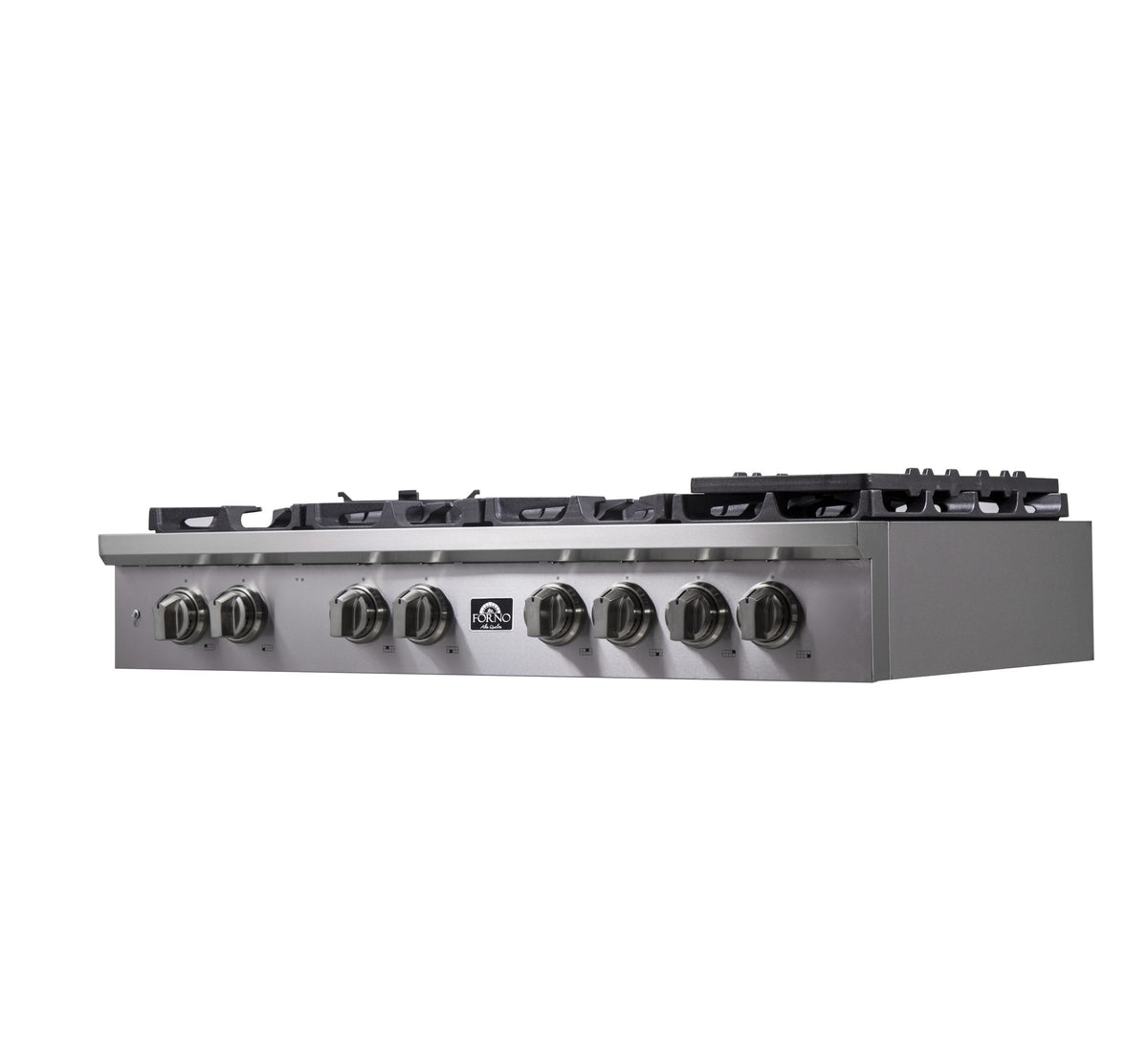Stainless steel gas rangetop side view with row of burner control knobs