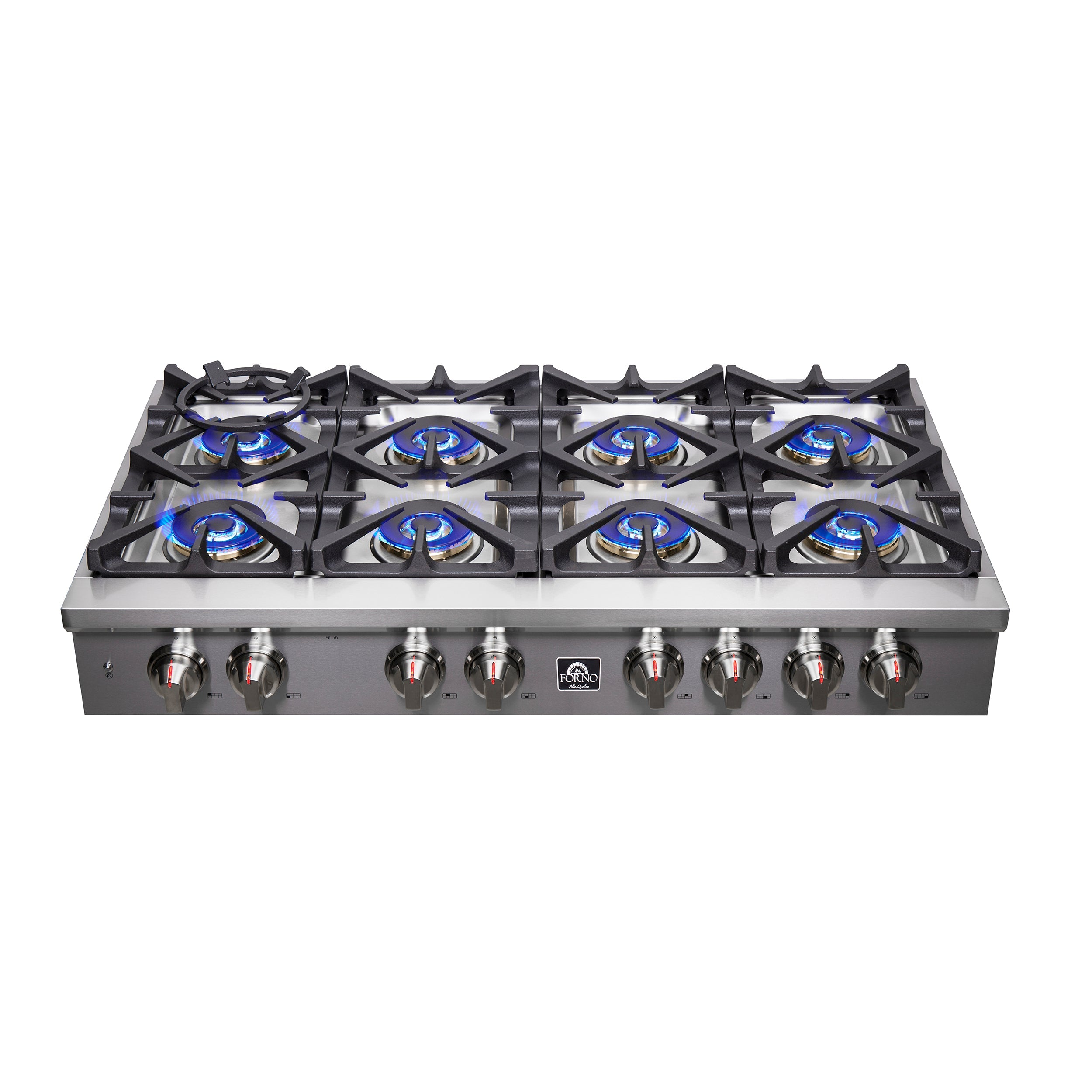 Gas rangetop showing six lit burners with blue flames on black grate